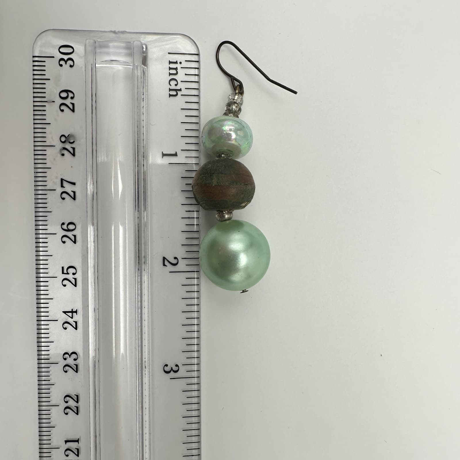 Vintage 90S Mint Green Faux Pearl & Wood Bead Drop Earrings Boho Women's Jewelry - Thumbnail 8