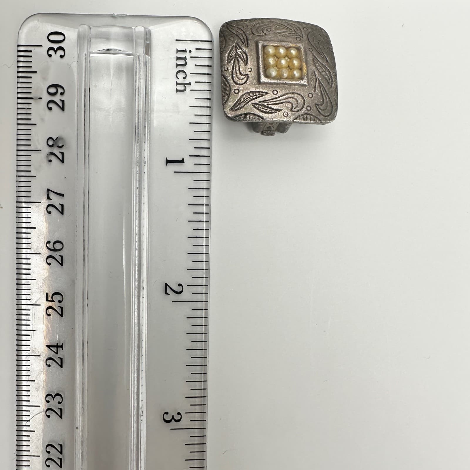 Vintage 90s 80s Square Earrings Pearl Silver Tone Engraved Western Style Jewelry - Thumbnail 10