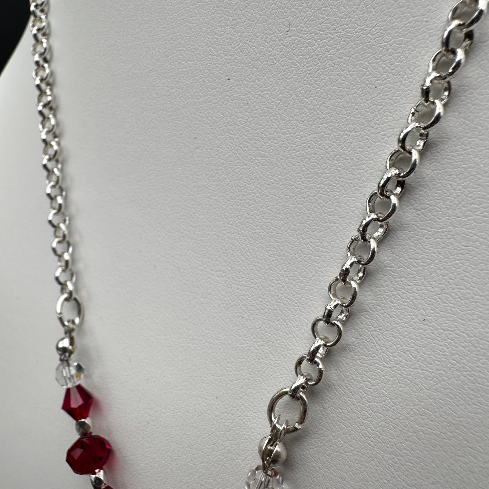 Vintage 90s Red Crystal Teardrop Pendant Necklace Silver Tone Beaded Chain - Thumbnail 9