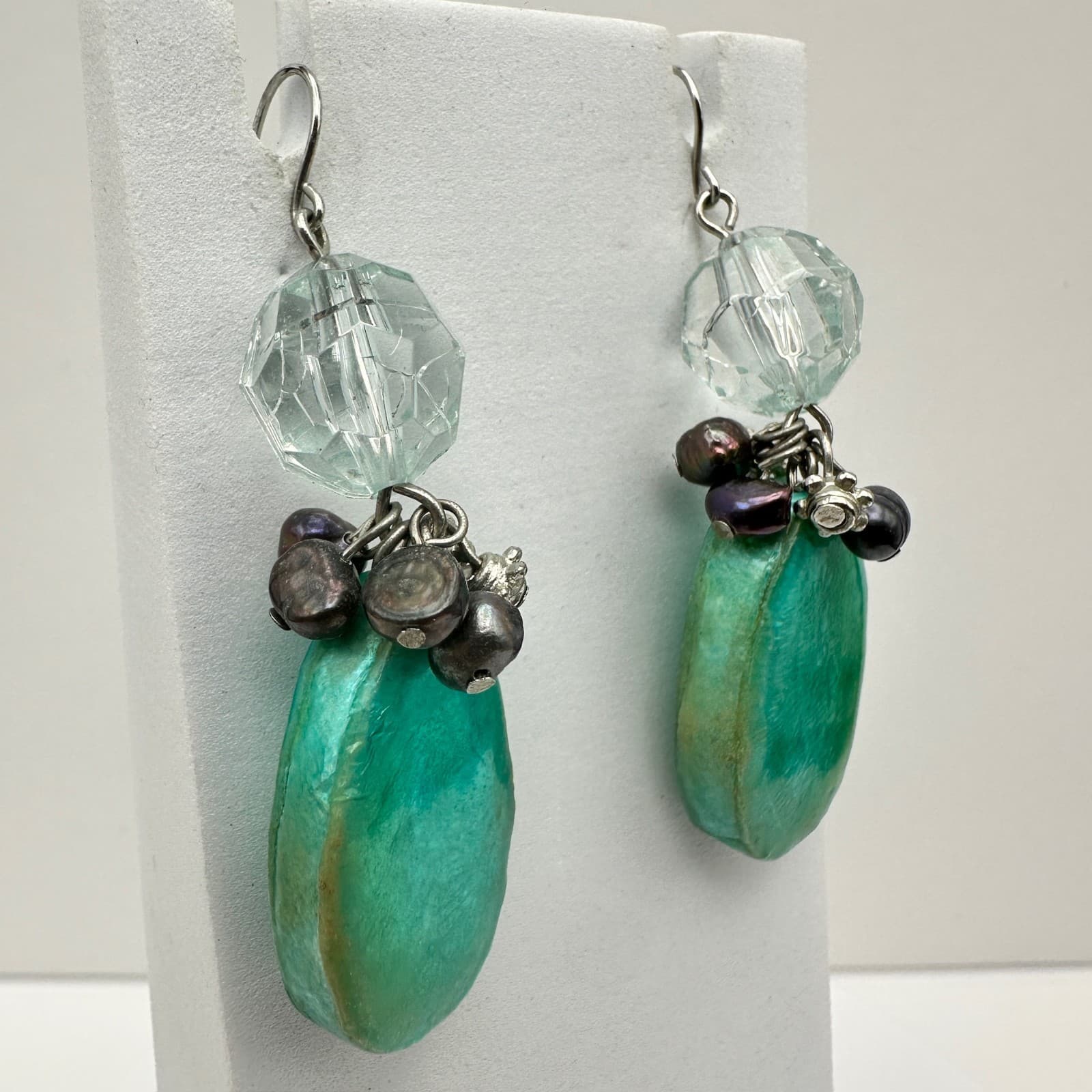 Vintage Y2K 90s Boho Earrings Green Drop Bead & Faux Pearl Crystal Hook Jewelry - Thumbnail 2