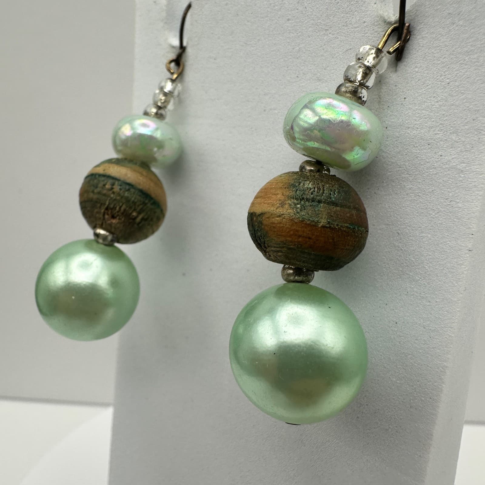 Vintage 90S Mint Green Faux Pearl & Wood Bead Drop Earrings Boho Women's Jewelry - Thumbnail 3