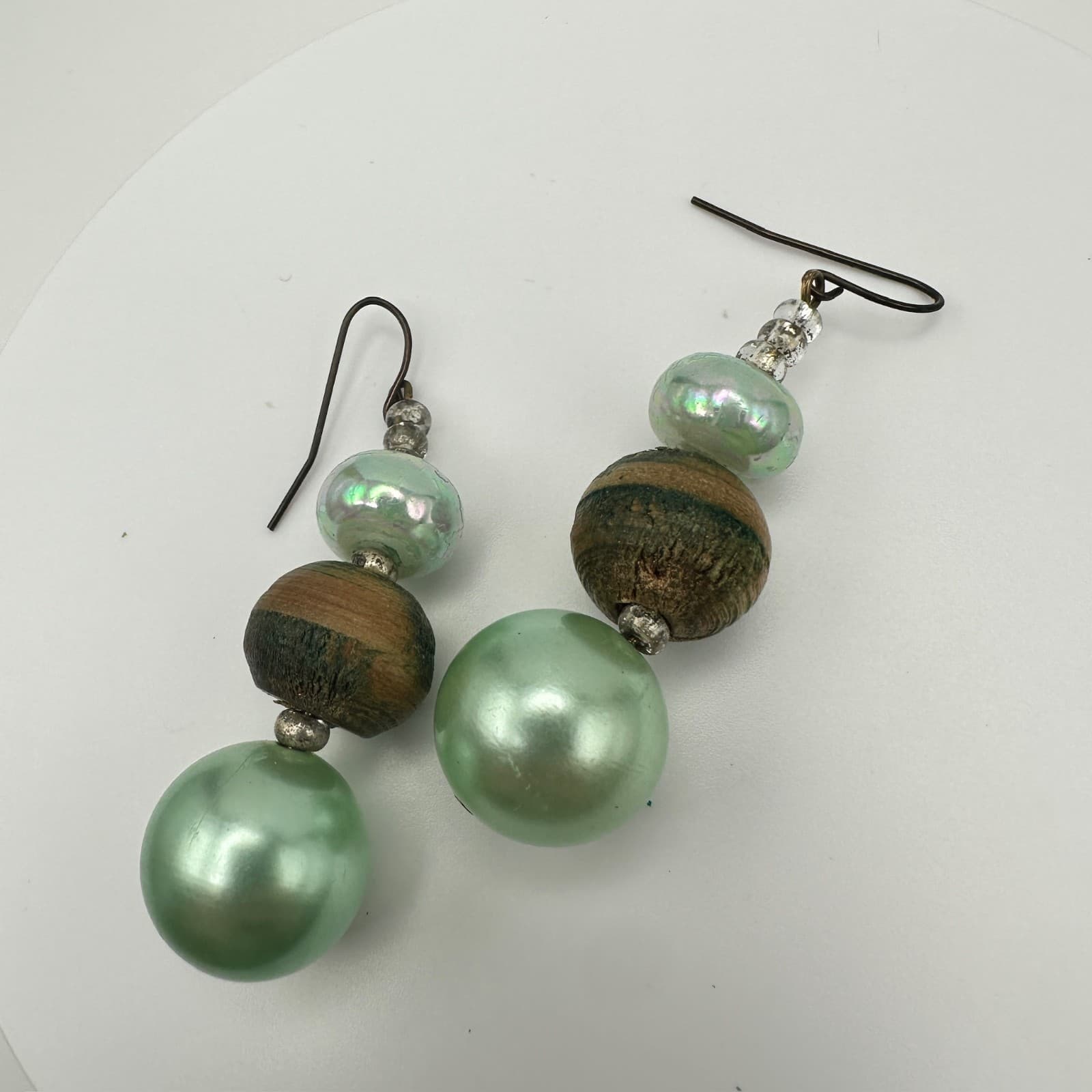 Vintage 90S Mint Green Faux Pearl & Wood Bead Drop Earrings Boho Women's Jewelry - Thumbnail 7