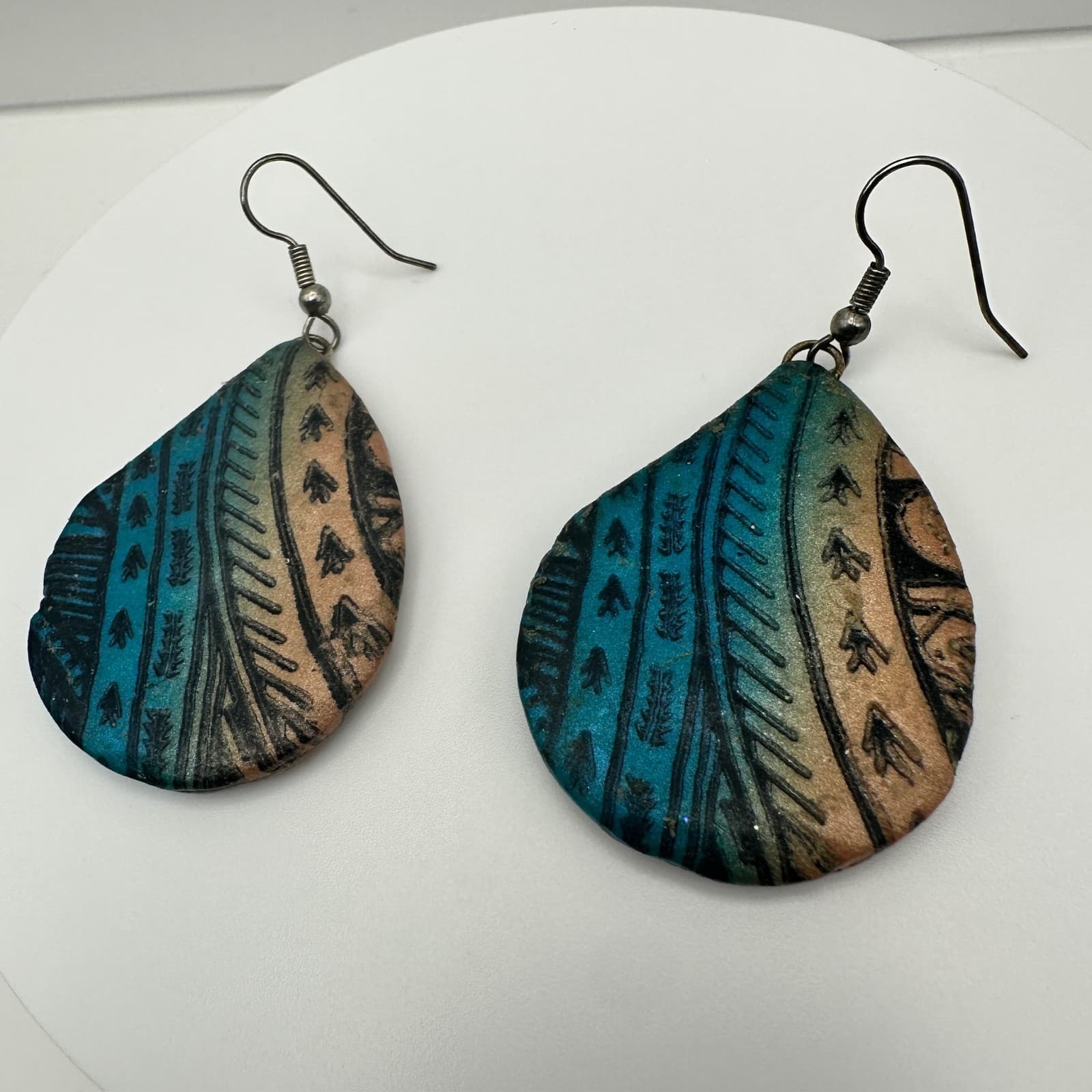 Vintage 80s Boho Clay Teardrop Dangle Earrings Blue Peach Tribal Ethnic Pattern - Thumbnail 7