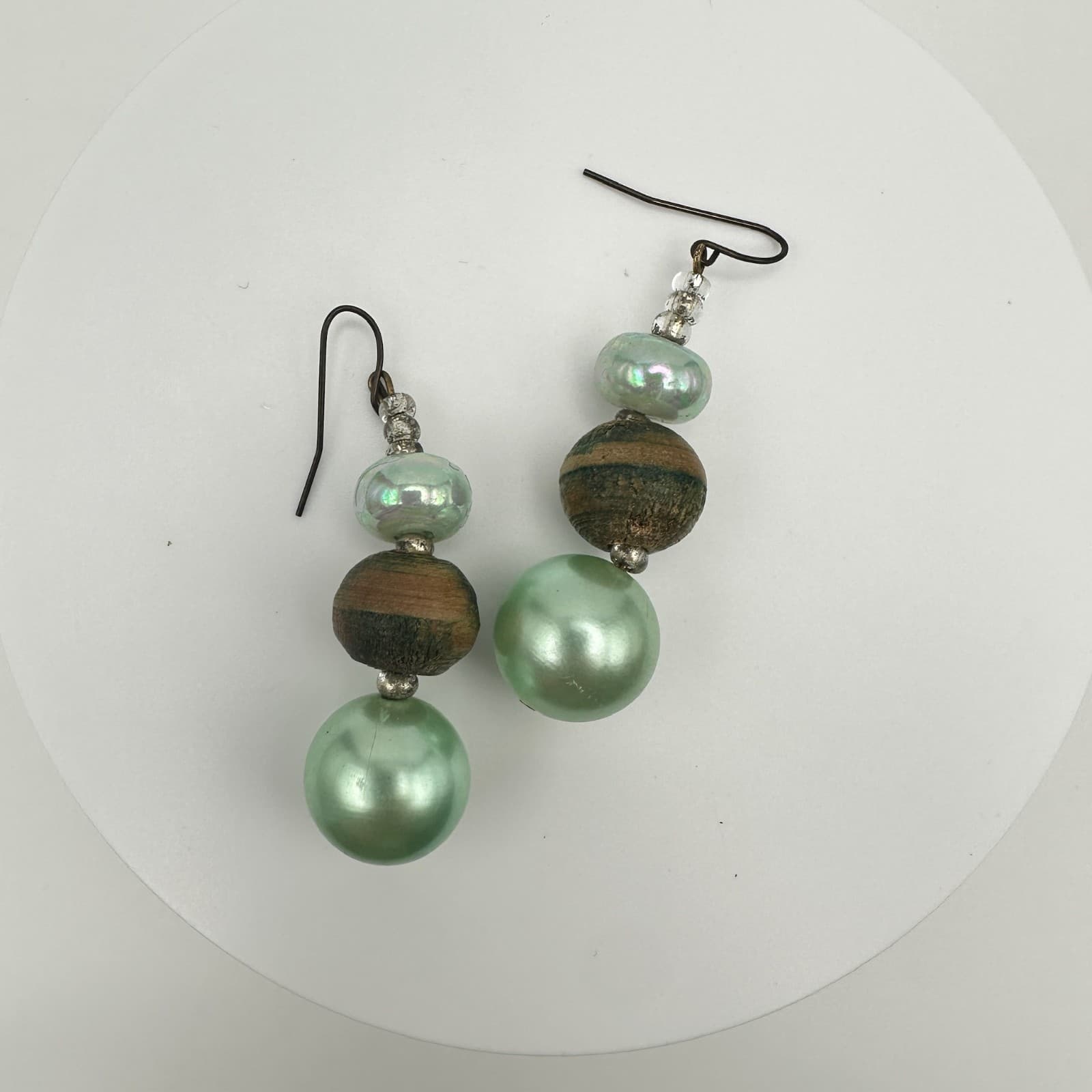 Vintage 90S Mint Green Faux Pearl & Wood Bead Drop Earrings Boho Women's Jewelry - Thumbnail 5