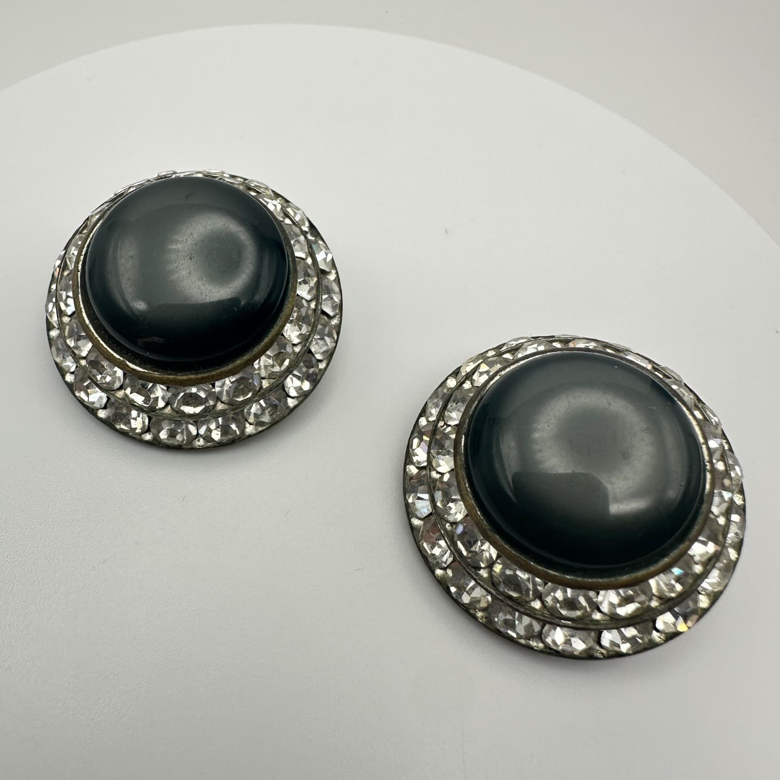 Vintage 90s Lisner Black Rhinestone Clip On Earrings Silver tone Women's Jewelry - Thumbnail 6
