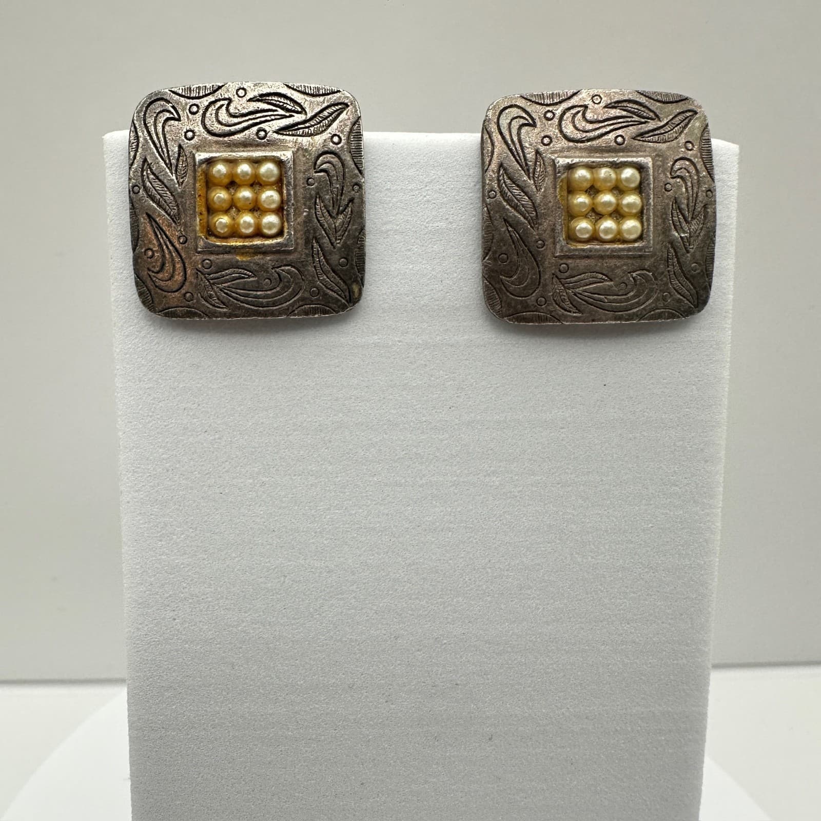 Vintage 90s 80s Square Earrings Pearl Silver Tone Engraved Western Style Jewelry - Image 1