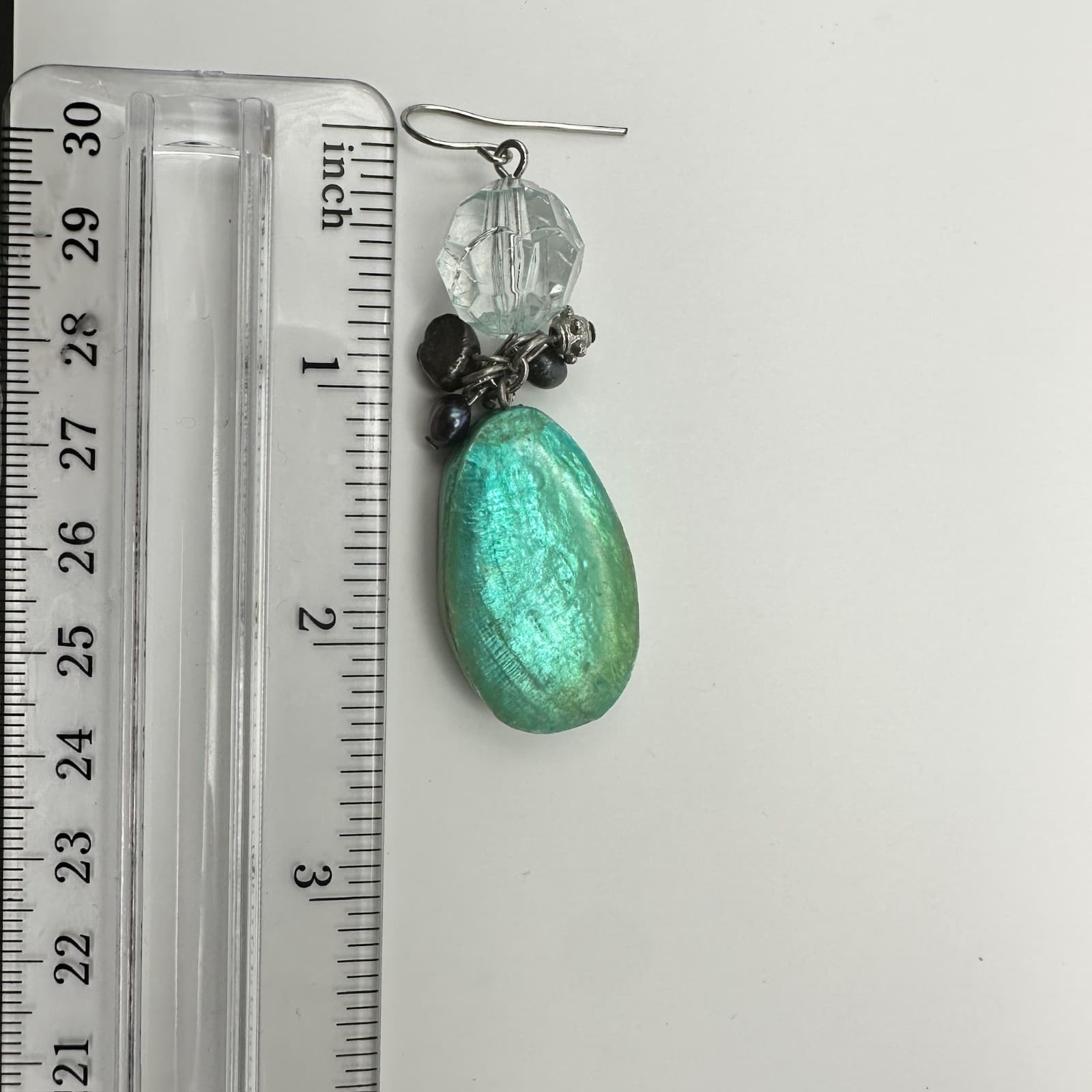 Vintage Y2K 90s Boho Earrings Green Drop Bead & Faux Pearl Crystal Hook Jewelry - Thumbnail 5