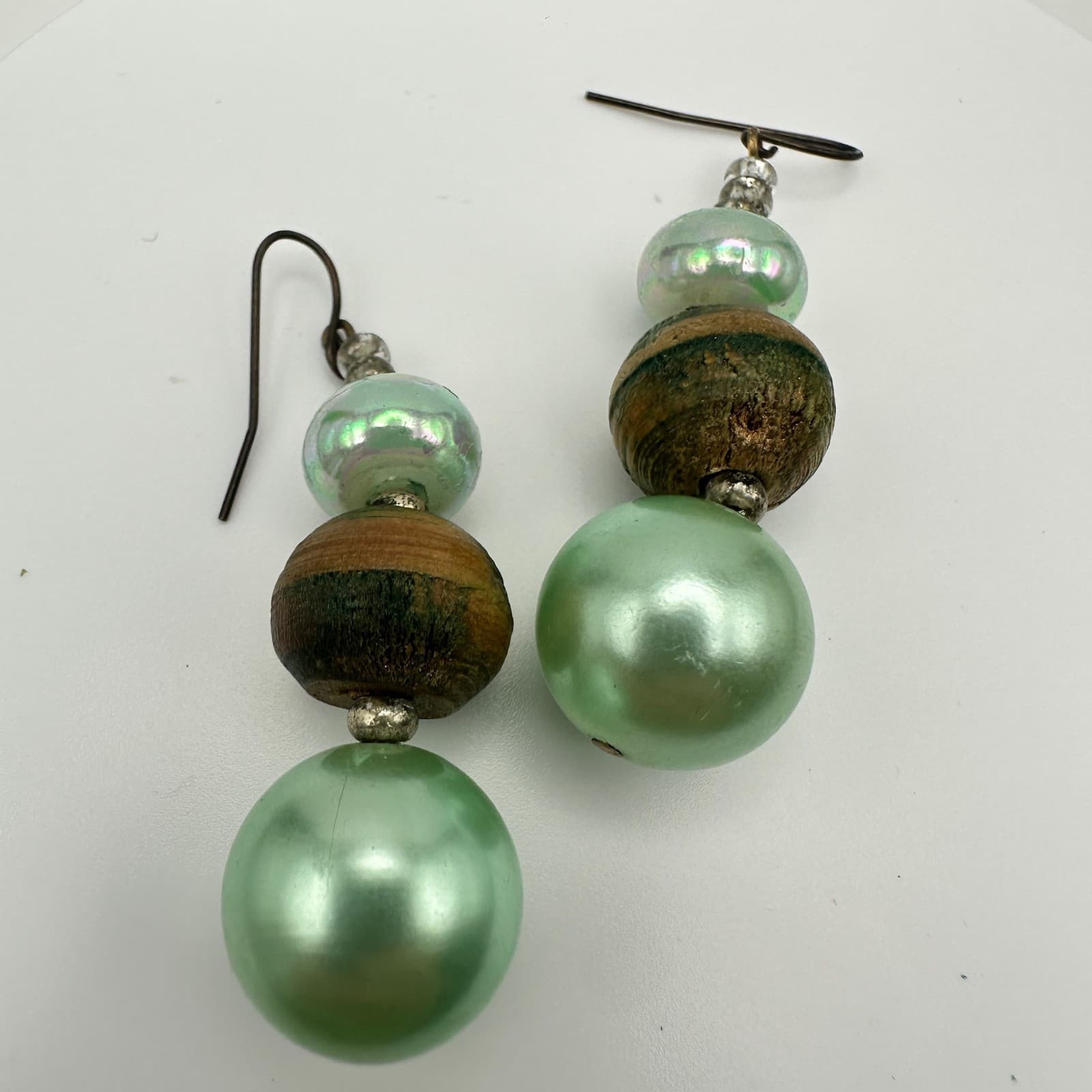 Vintage 90S Mint Green Faux Pearl & Wood Bead Drop Earrings Boho Women's Jewelry - Thumbnail 6