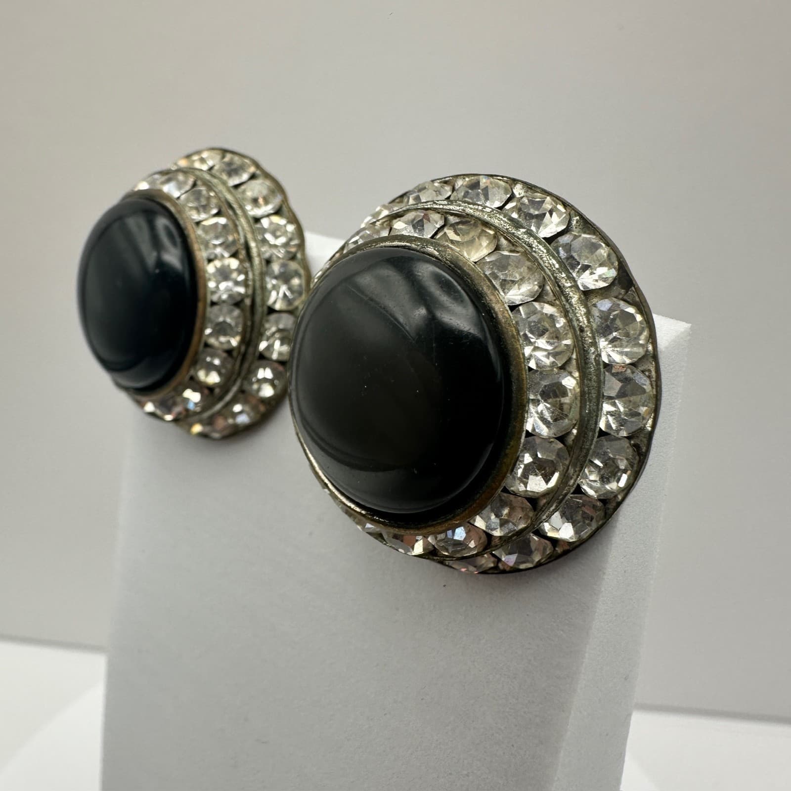 Vintage 90s Lisner Black Rhinestone Clip On Earrings Silver tone Women's Jewelry - Thumbnail 3