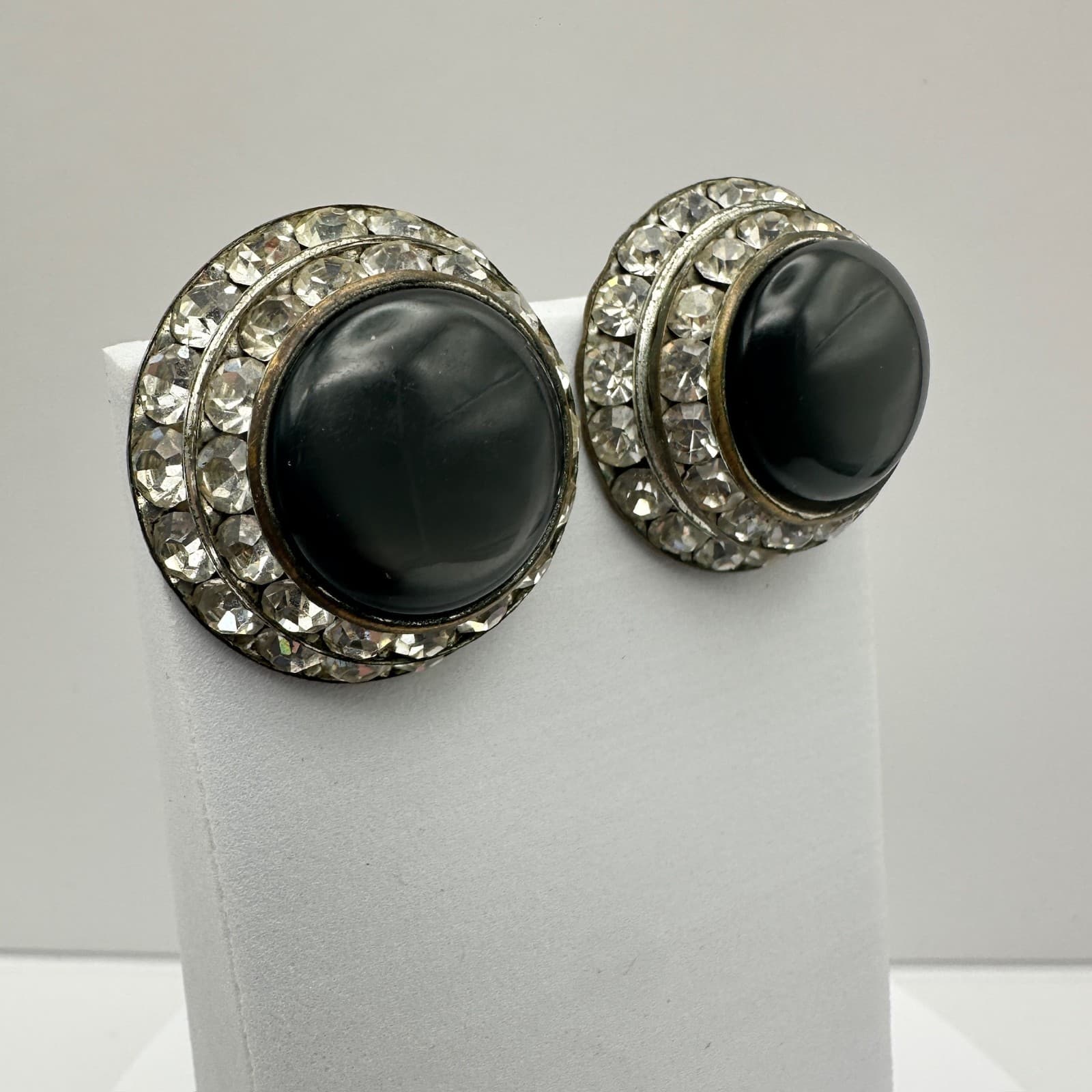 Vintage 90s Lisner Black Rhinestone Clip On Earrings Silver tone Women's Jewelry - Thumbnail 2