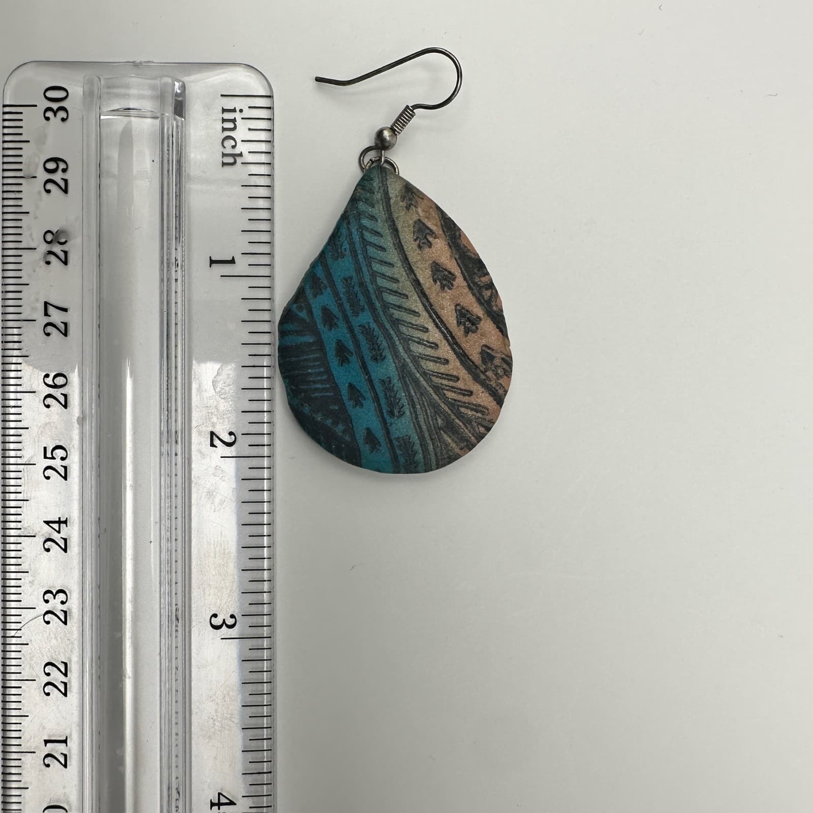 Vintage 80s Boho Clay Teardrop Dangle Earrings Blue Peach Tribal Ethnic Pattern - Thumbnail 8