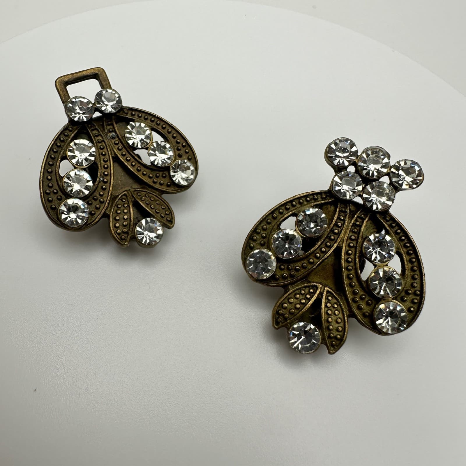 Vintage 90s Statement Clip-On Earring Bronze Tone Floral Leaf Rhinestone Jewelry - Image 1