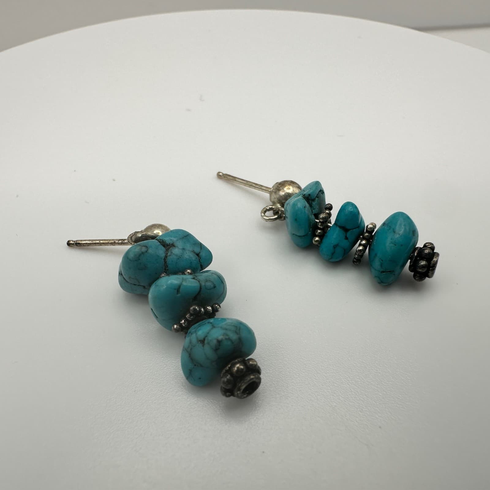 Vintage Y2K 90s Drop Turquoise Stone Chunks Earrings Silver Tone Dangly Jewelry - Thumbnail 5