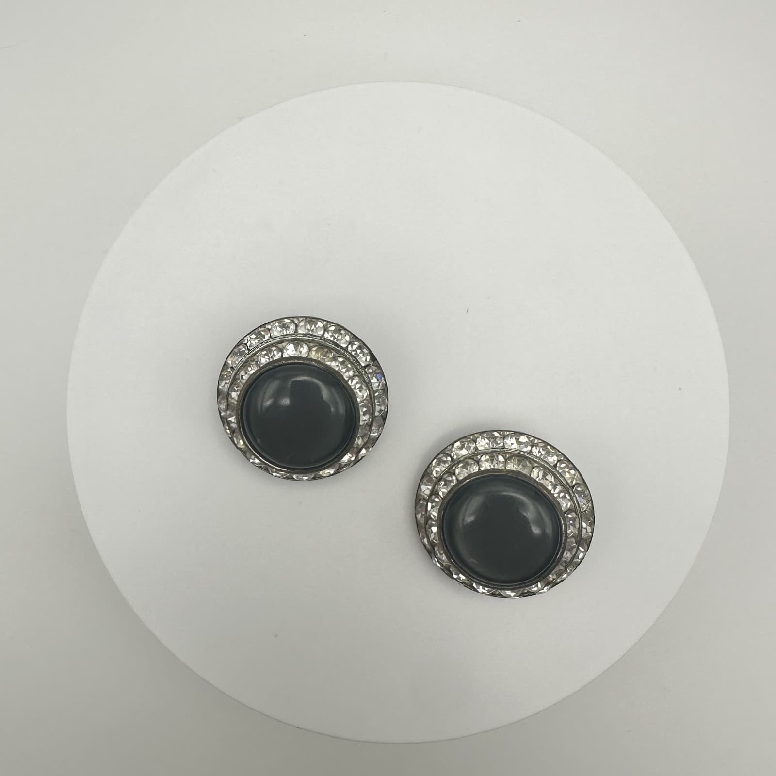 Vintage 90s Lisner Black Rhinestone Clip On Earrings Silver tone Women's Jewelry - Thumbnail 5