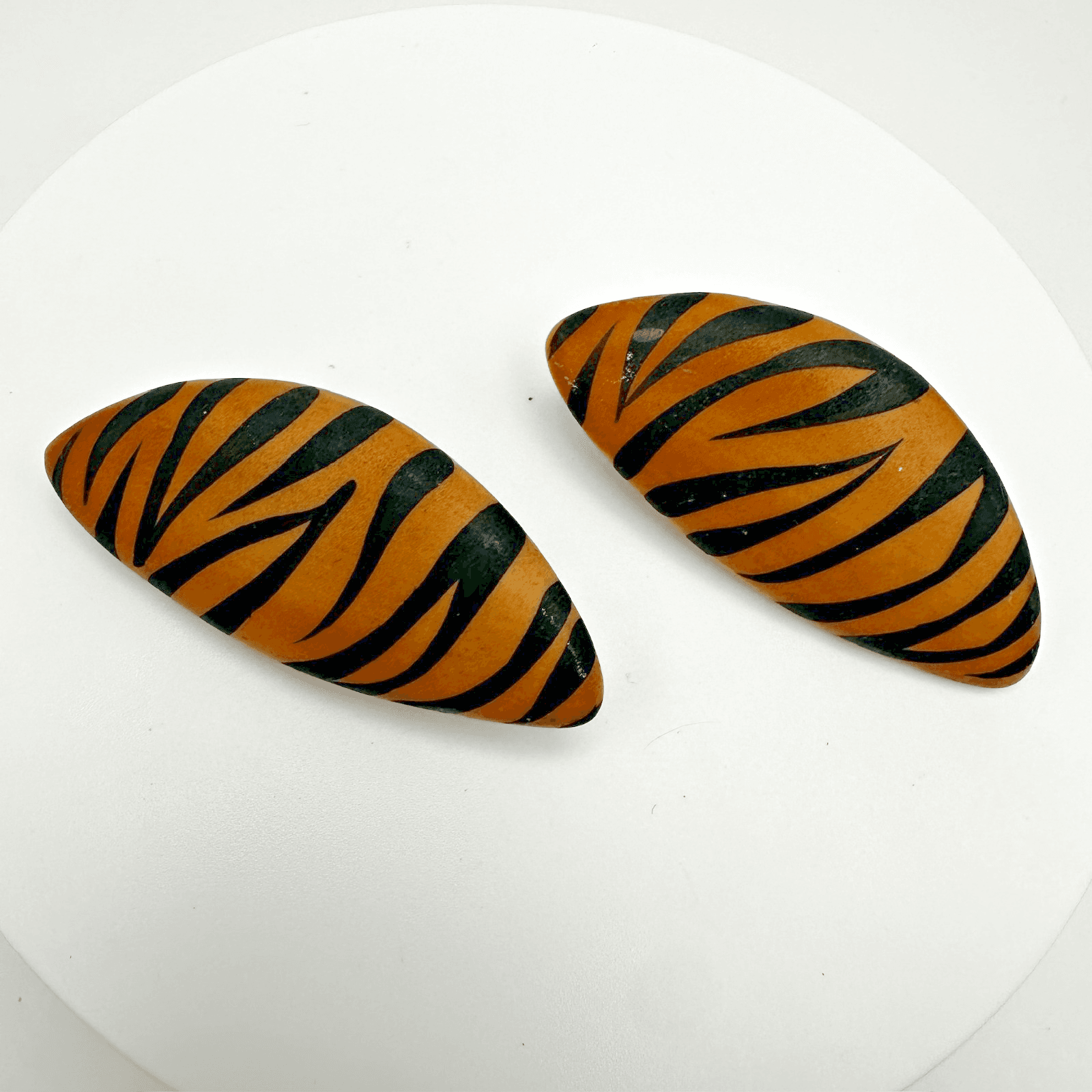 Vintage 90s Tiger Print Animal Statement Domed Clip-On Earrings Costume Jewelry - Image 1