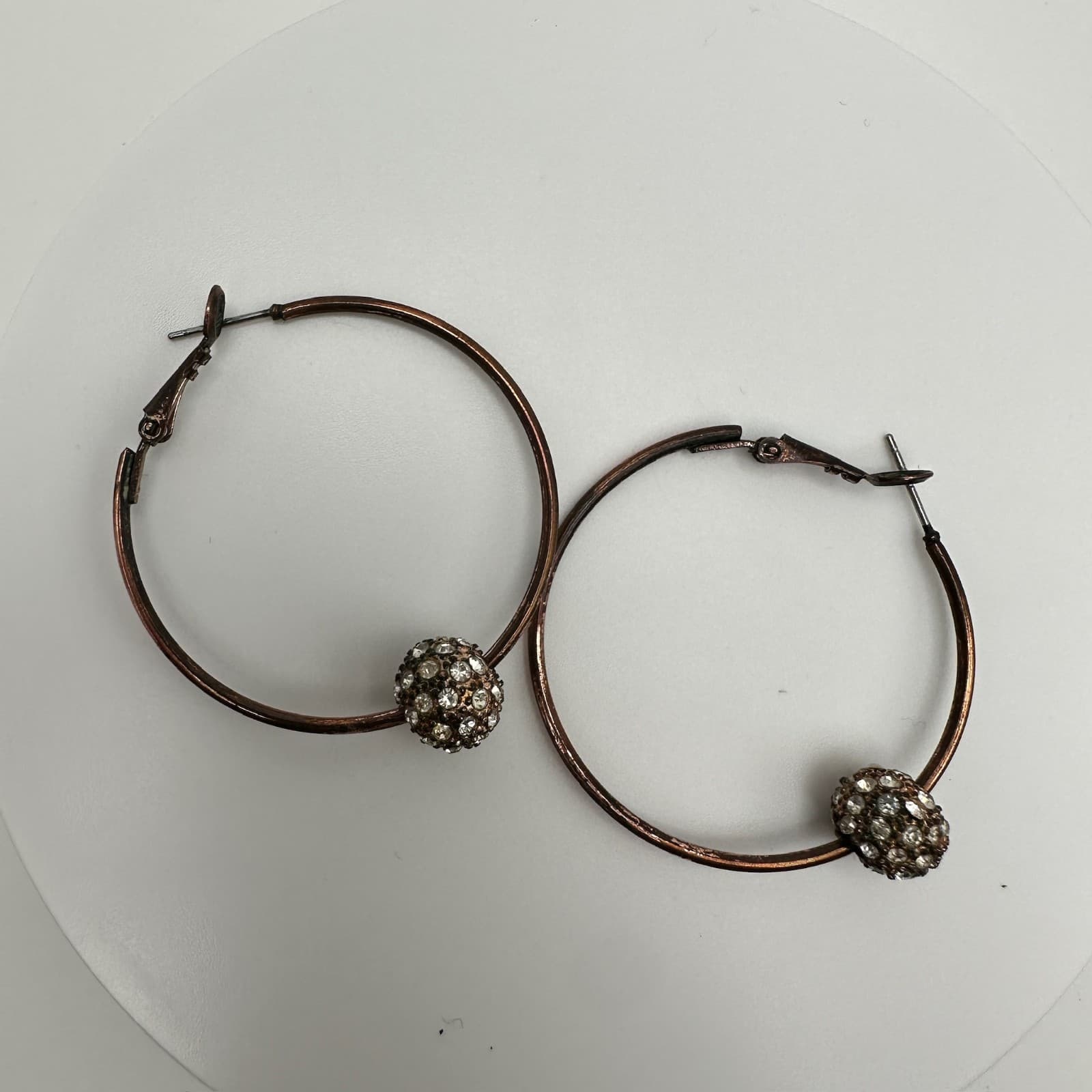 Vintage 70s 80s Hoop Earrings Copper Tone Rhinestone Bead Sparkle Drop Jewelry - Thumbnail 2