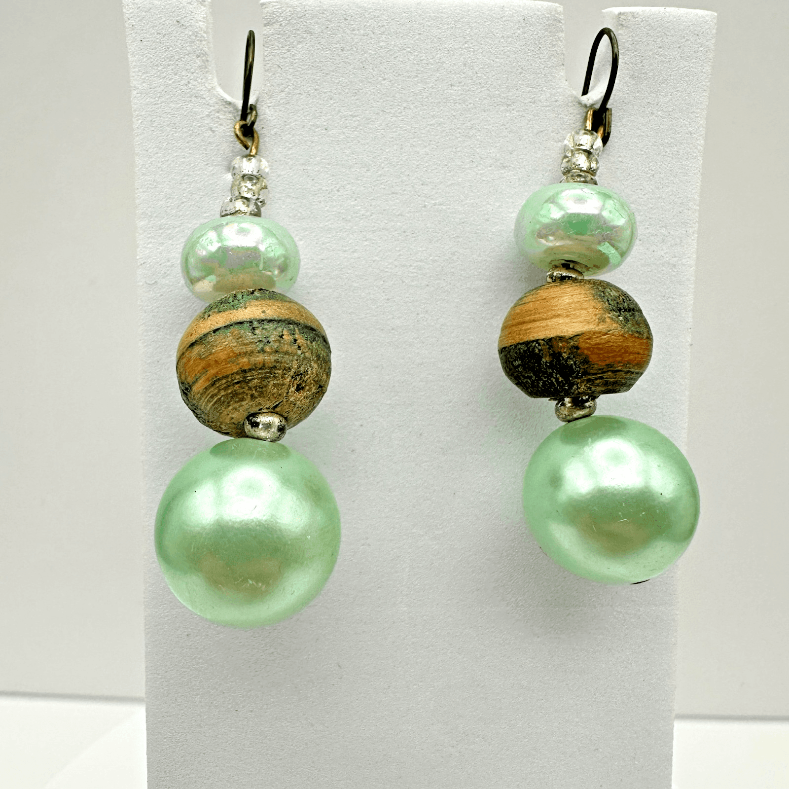 Vintage 90S Mint Green Faux Pearl & Wood Bead Drop Earrings Boho Women's Jewelry - Image 1