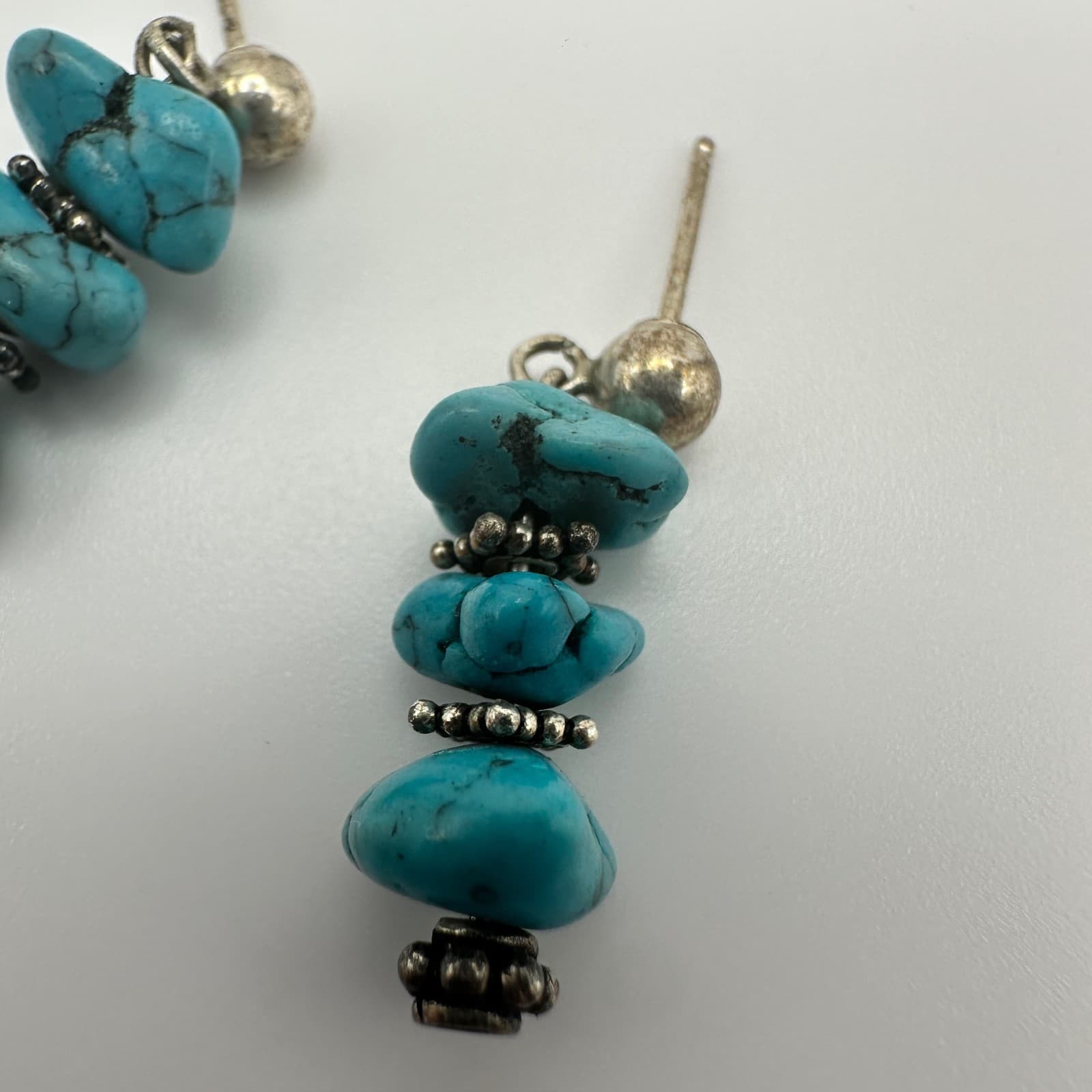 Vintage Y2K 90s Drop Turquoise Stone Chunks Earrings Silver Tone Dangly Jewelry - Thumbnail 4