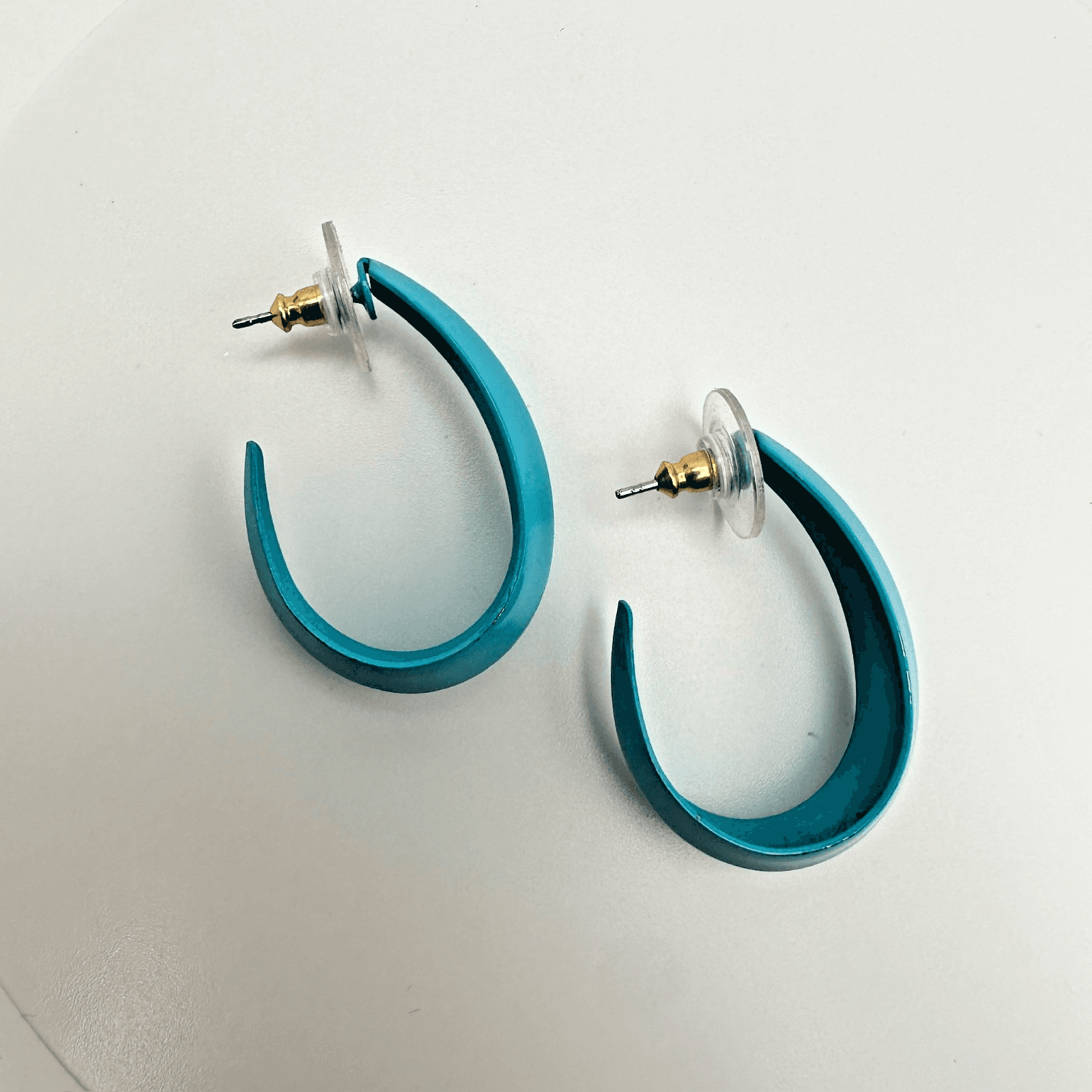 Vintage 80s 90s Chunky Blue Resin Hoop Earrings Bold Teal Open Hoops Jewelry - Image 1