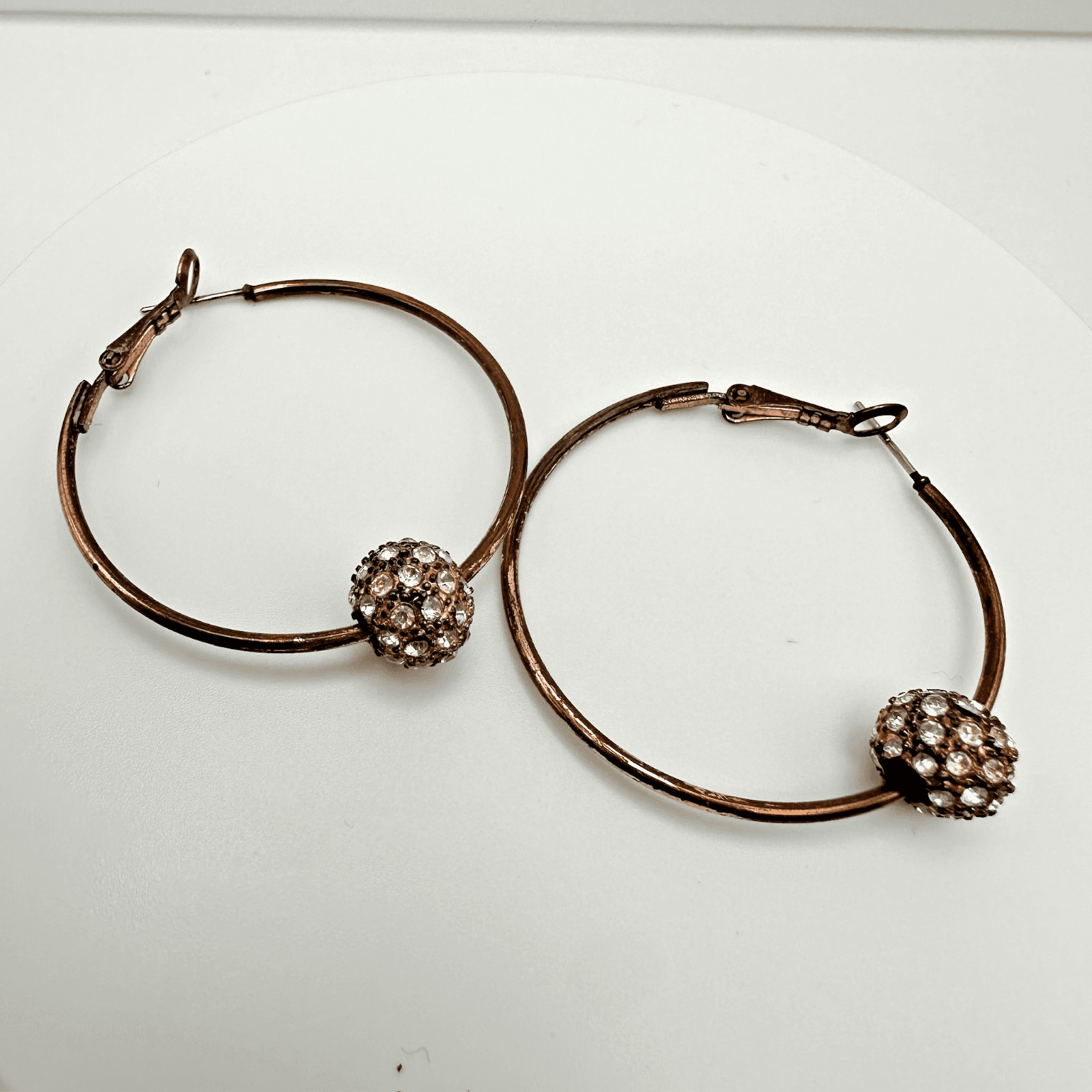 Vintage 70s 80s Hoop Earrings Copper Tone Rhinestone Bead Sparkle Drop Jewelry - Image 1