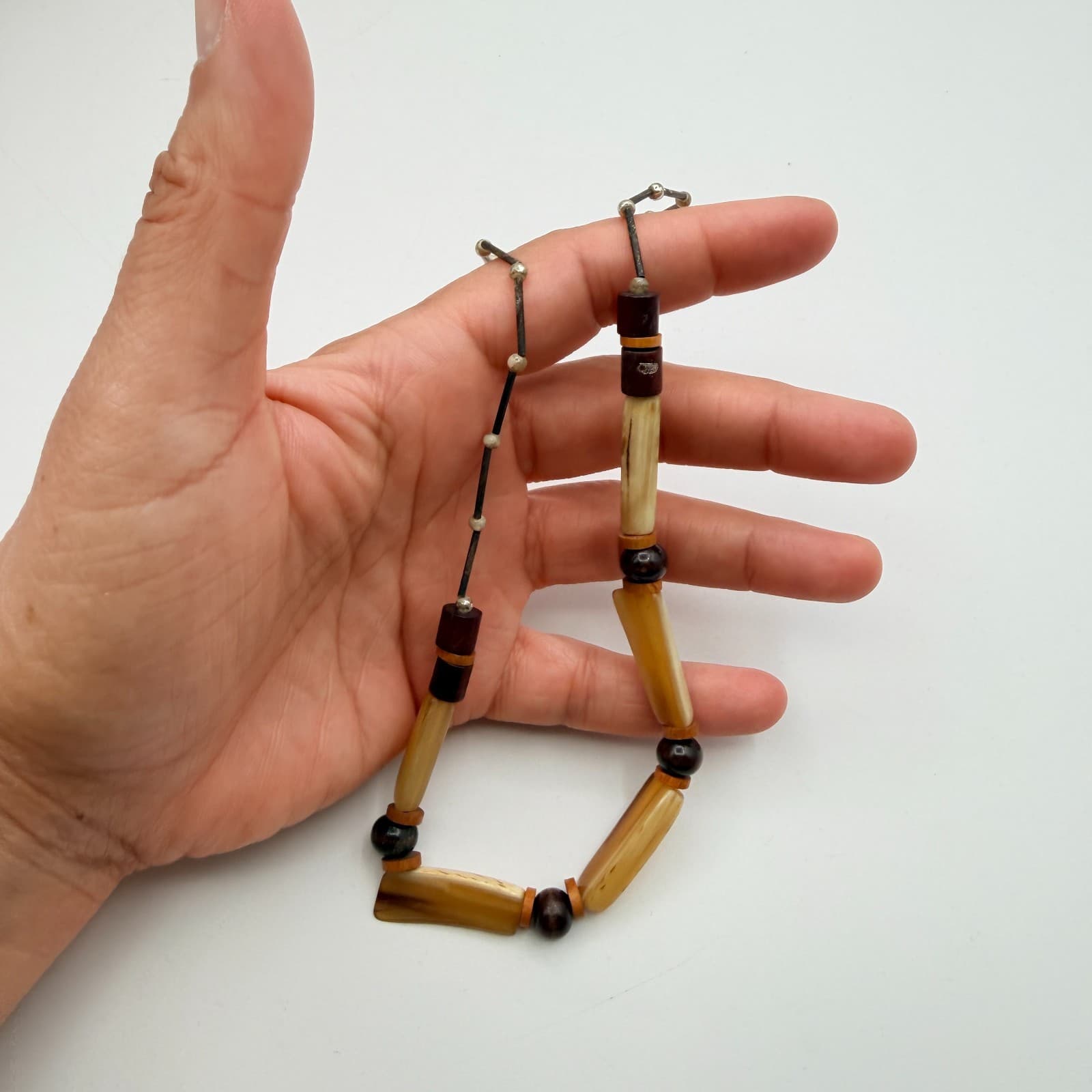 Vintage 90s Earthy Wood & Horn Bead Necklace Boho Ethnic Fashion Women's Jewelry - Thumbnail 8