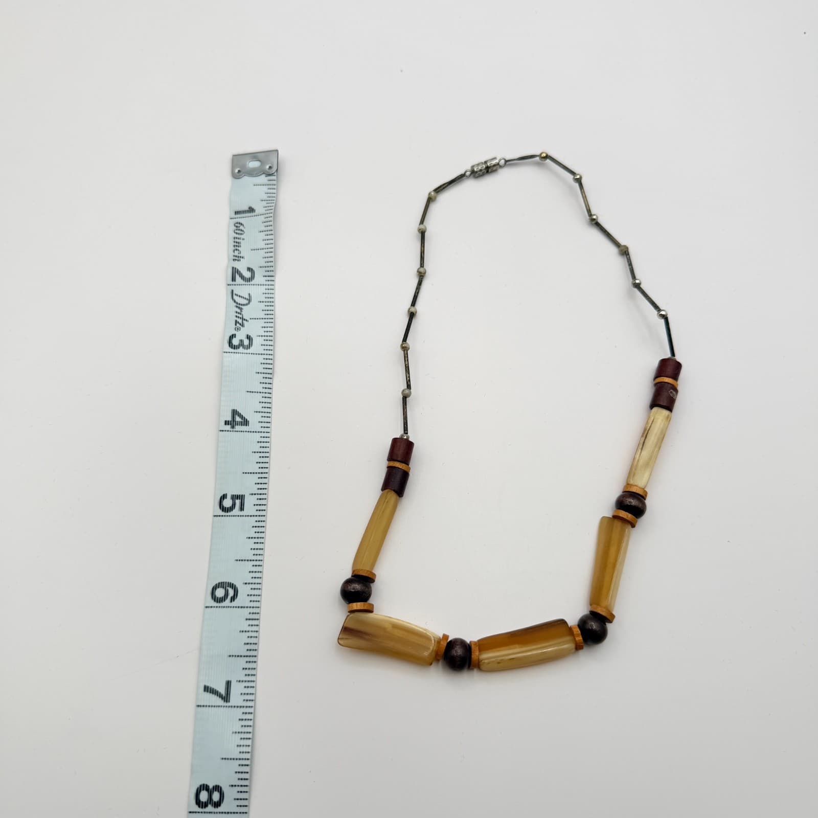 Vintage 90s Earthy Wood & Horn Bead Necklace Boho Ethnic Fashion Women's Jewelry - Thumbnail 9