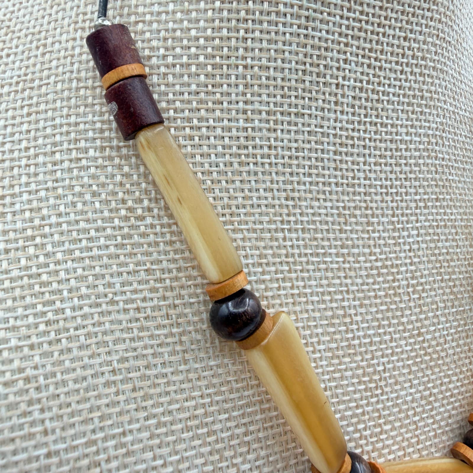 Vintage 90s Earthy Wood & Horn Bead Necklace Boho Ethnic Fashion Women's Jewelry - Thumbnail 4