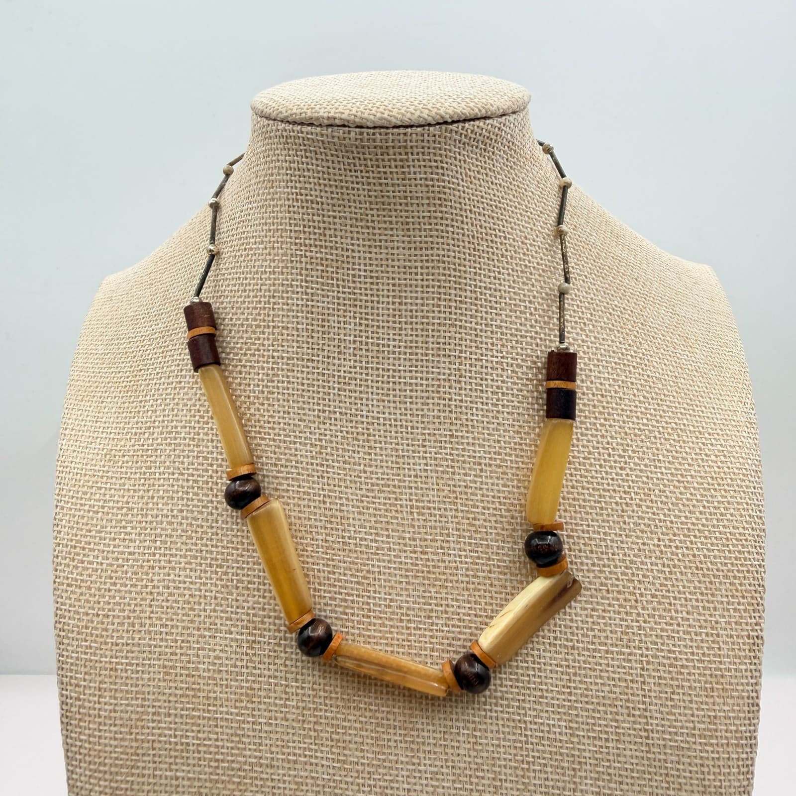 Vintage 90s Earthy Wood & Horn Bead Necklace Boho Ethnic Fashion Women's Jewelry - Thumbnail 2