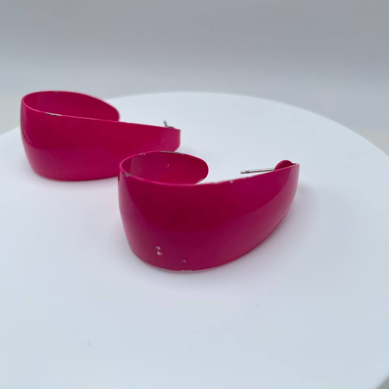 Vintage 80s Silver Tone Pink Hoop Earrings Boho Women's Classic Fashion Jewelry - Thumbnail 3