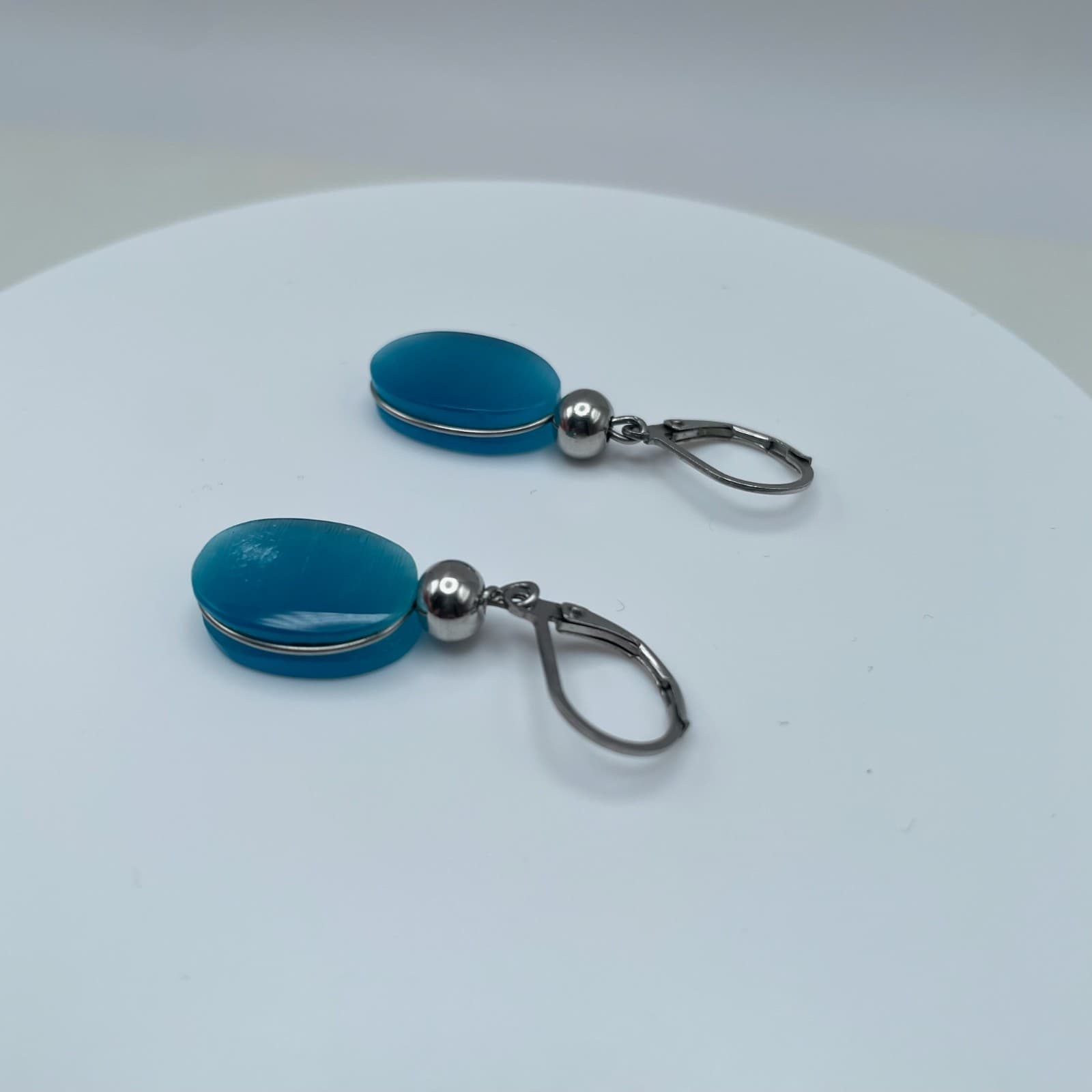 Vintage 80s Silver Tone Blue Oval Dangle Earrings Minimalist Women's Jewelry - Thumbnail 6