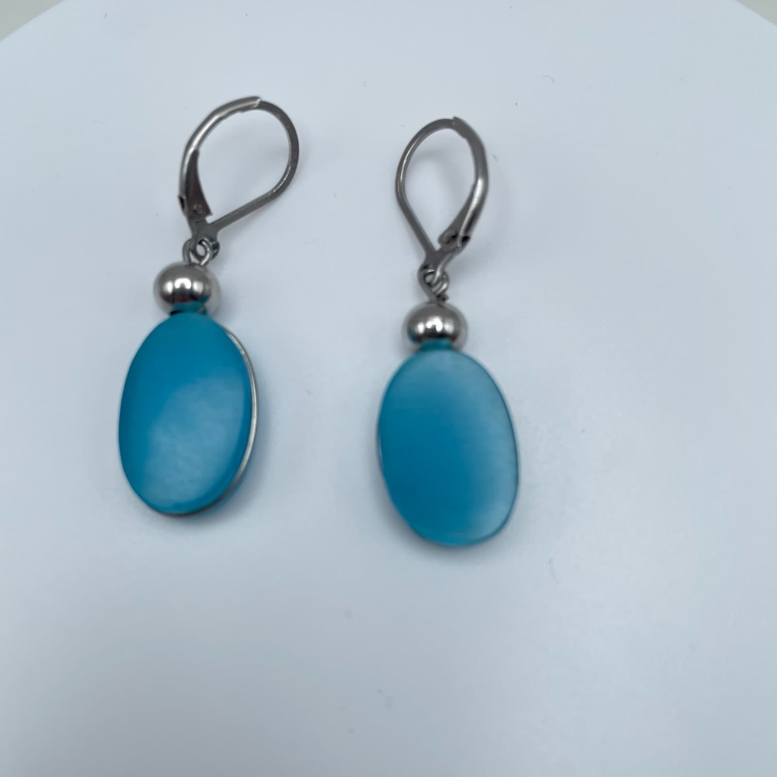 Vintage 80s Silver Tone Blue Oval Dangle Earrings Minimalist Women's Jewelry - Thumbnail 2