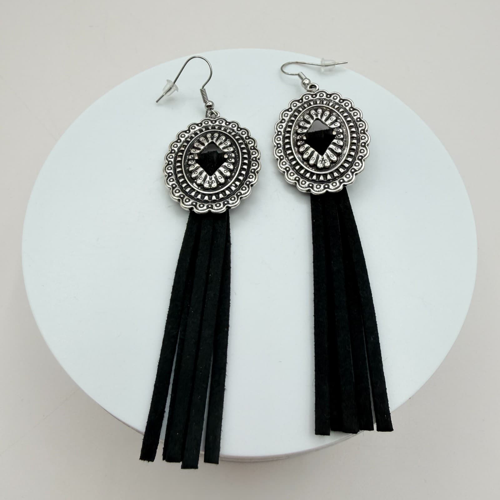 Vintage 90s Silver Tone Oval Dangle Earrings Black Faux Suede Tassel Jewelry - Thumbnail 3