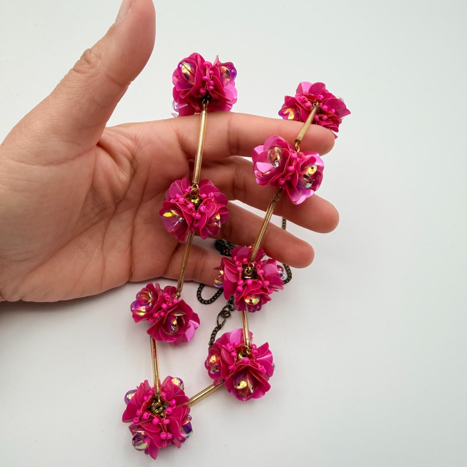 Vintage 90s Gold Tone Necklace Pink Sequin Floral Boho Women's Classic Jewelry - Thumbnail 6