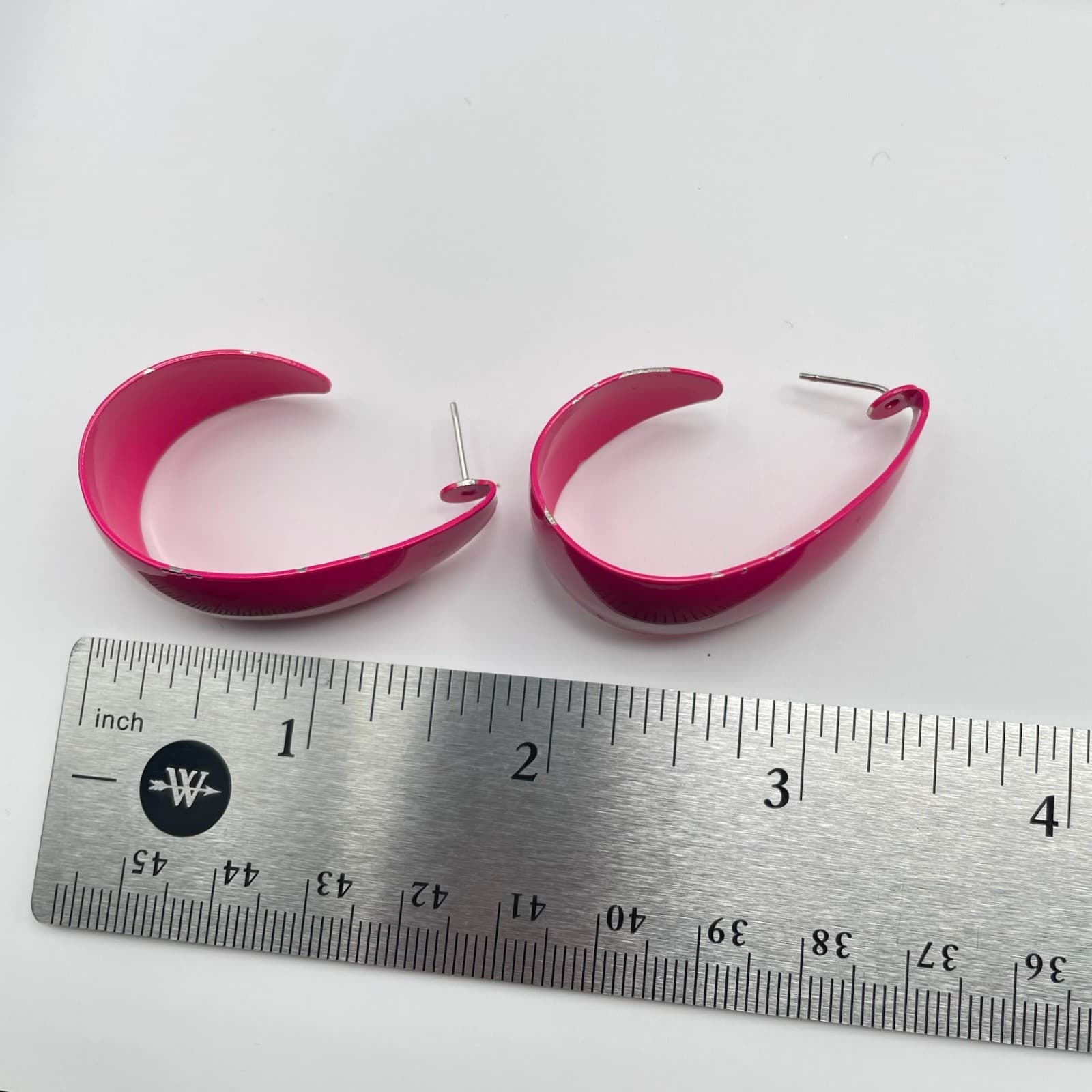 Vintage 80s Silver Tone Pink Hoop Earrings Boho Women's Classic Fashion Jewelry - Thumbnail 10