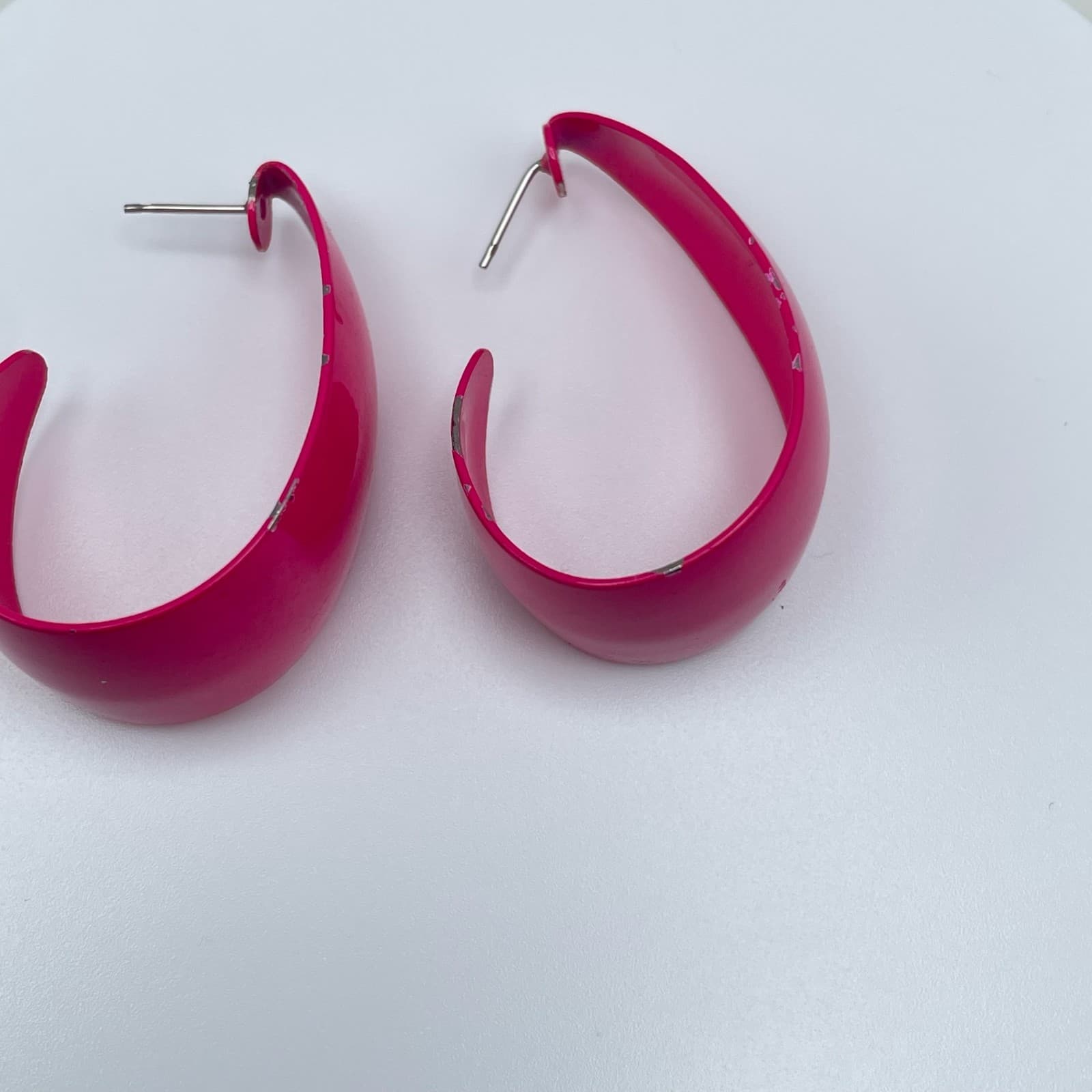 Vintage 80s Silver Tone Pink Hoop Earrings Boho Women's Classic Fashion Jewelry - Thumbnail 9