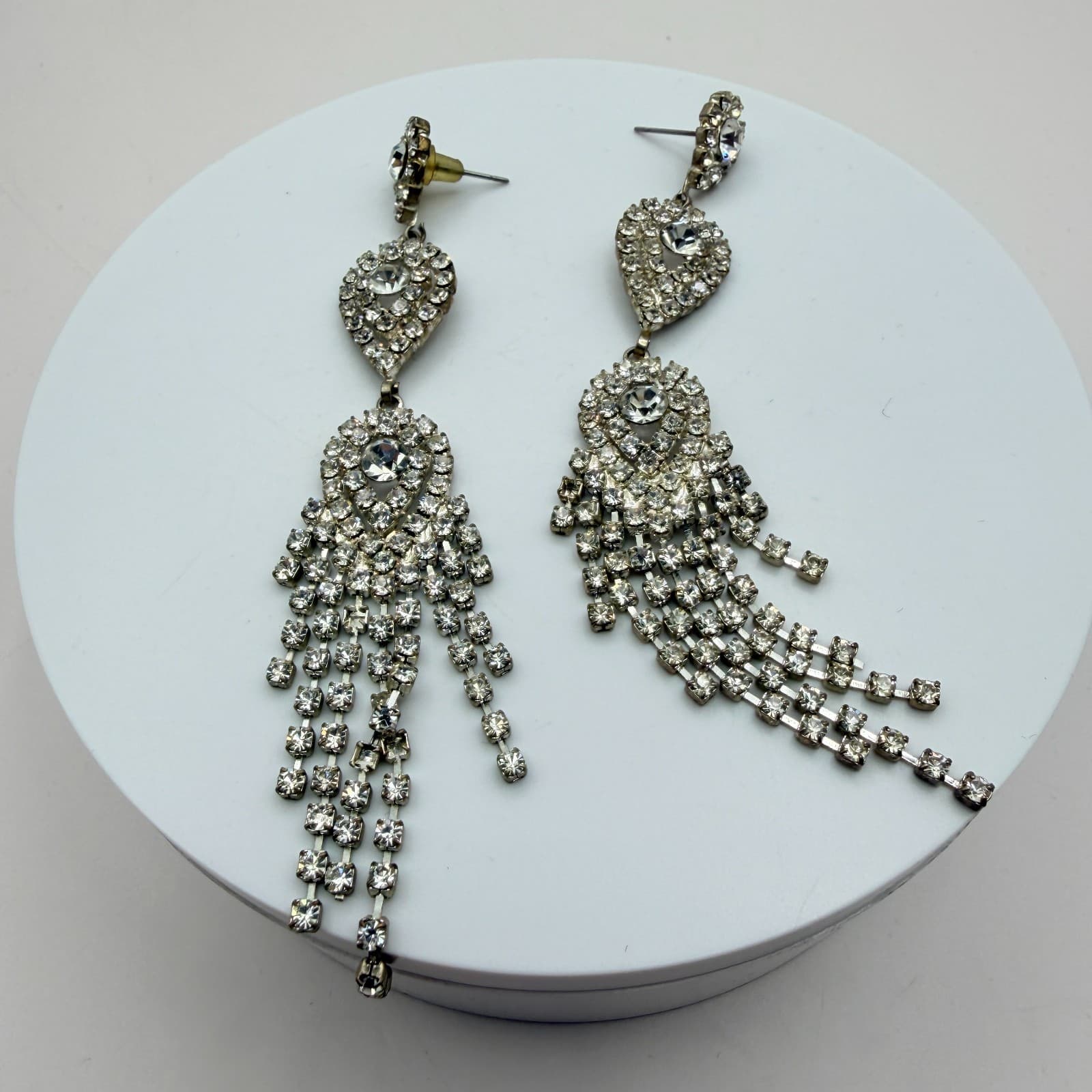 Vintage 90s Silver Tone Tassel Chandelier Earrings Clear Glass Women's Jewelry - Thumbnail 5