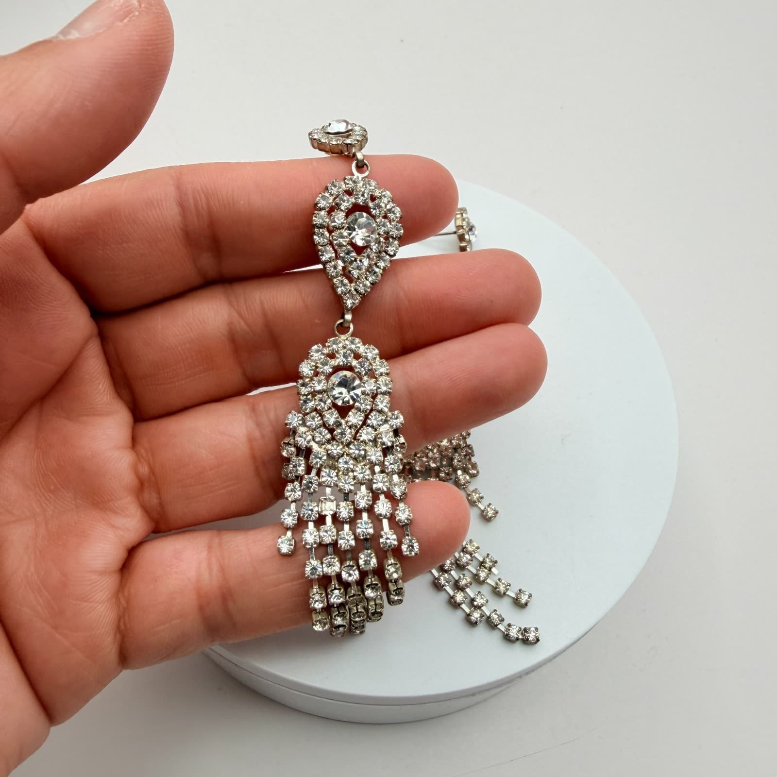 Vintage 90s Silver Tone Tassel Chandelier Earrings Clear Glass Women's Jewelry - Thumbnail 7