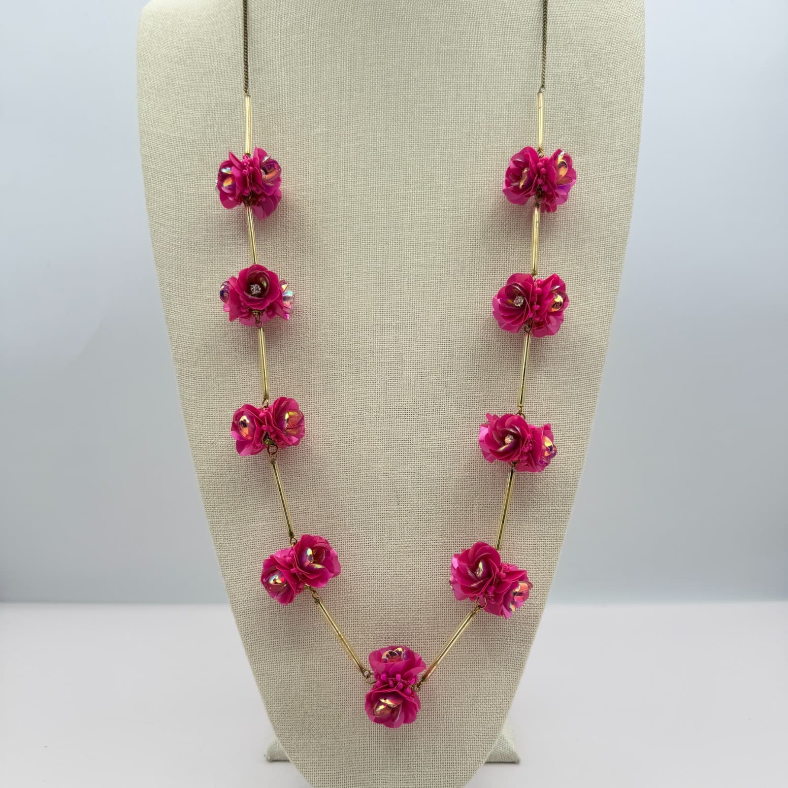 Vintage 90s Gold Tone Necklace Pink Sequin Floral Boho Women's Classic Jewelry - Thumbnail 4