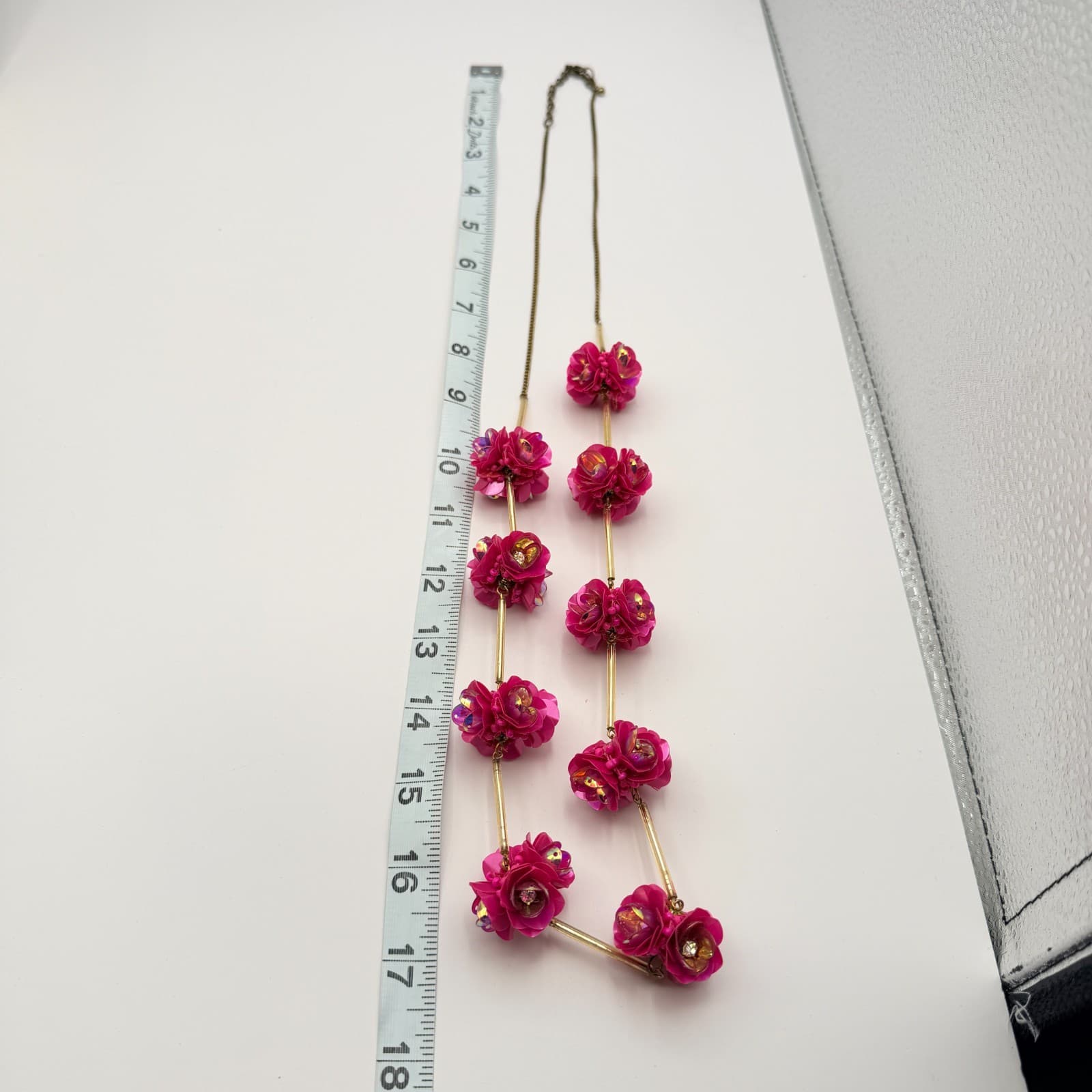 Vintage 90s Gold Tone Necklace Pink Sequin Floral Boho Women's Classic Jewelry - Thumbnail 8