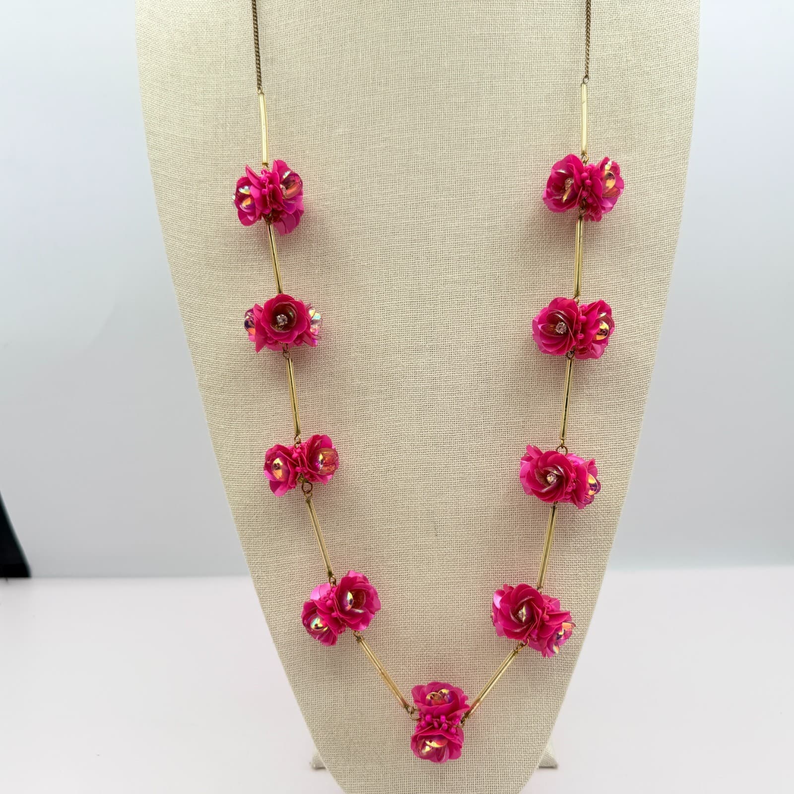 Vintage 90s Gold Tone Necklace Pink Sequin Floral Boho Women's Classic Jewelry - Thumbnail 3