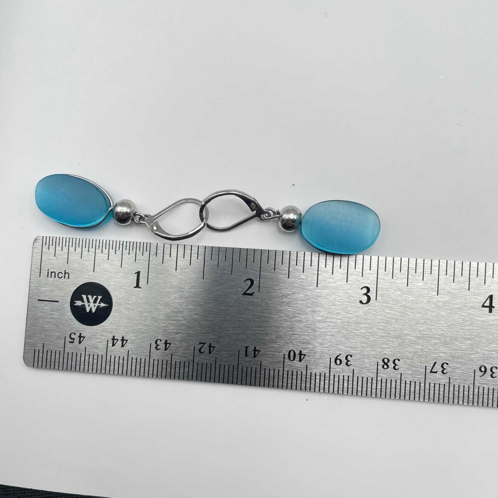 Vintage 80s Silver Tone Blue Oval Dangle Earrings Minimalist Women's Jewelry - Thumbnail 9