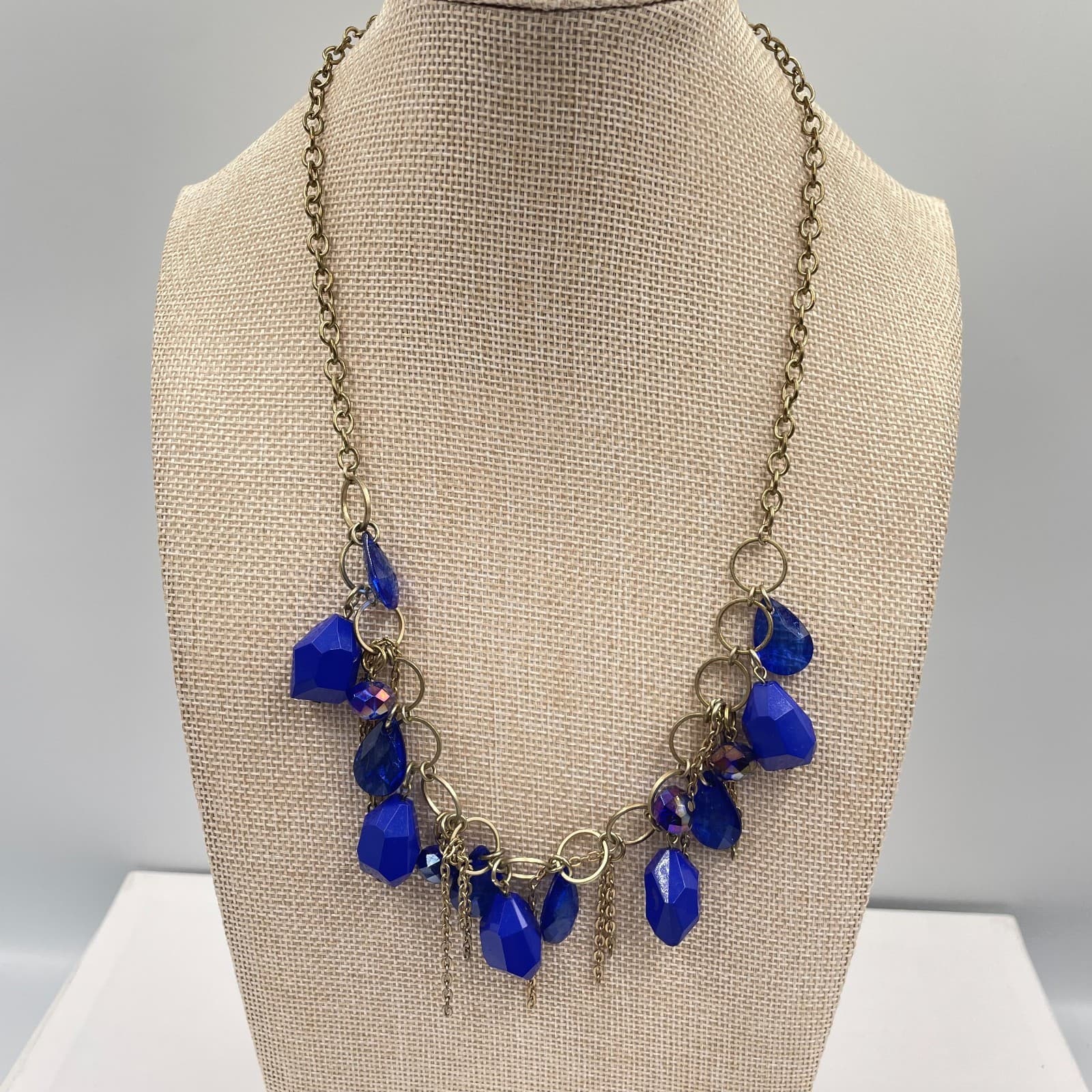 Gold-Tone Bohemian Classic Blue Faceted Glass Bead Fringe Bib Statement Necklace - Image 1