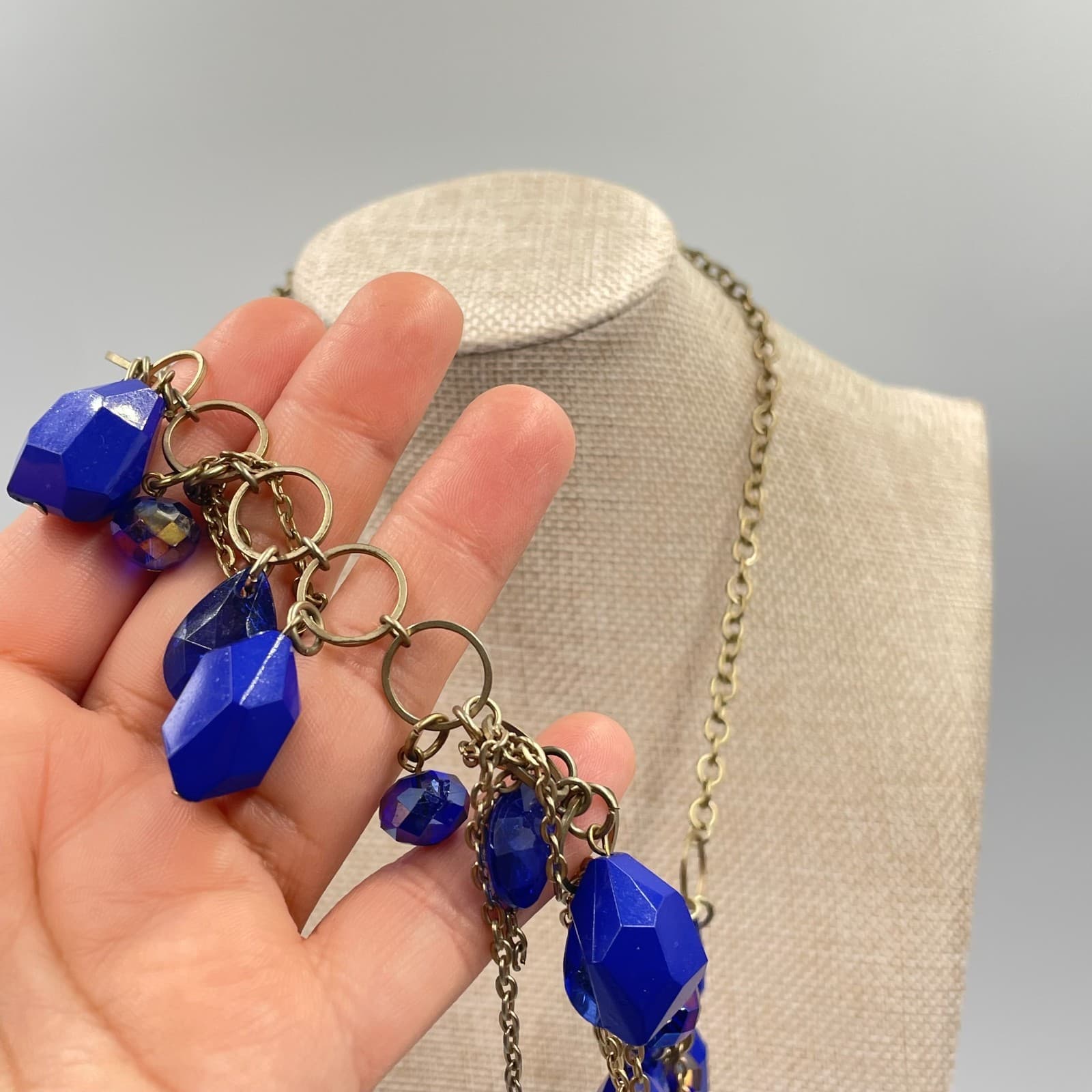 Gold-Tone Bohemian Classic Blue Faceted Glass Bead Fringe Bib Statement Necklace - Thumbnail 4