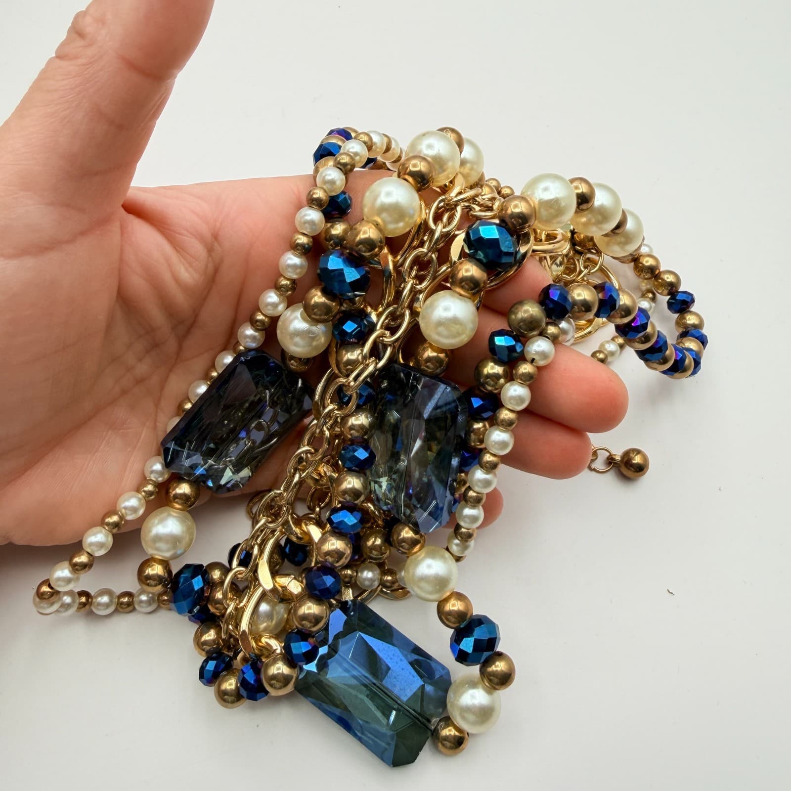 Vintage 90s Gold Tone Multi-Strand Necklace Faux Pearl Beaded Women's Jewelry - Thumbnail 5