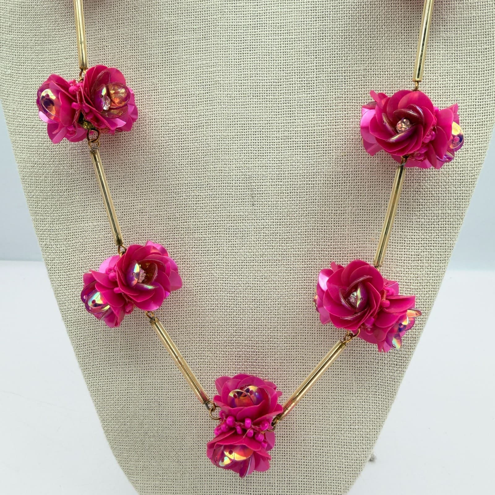 Vintage 90s Gold Tone Necklace Pink Sequin Floral Boho Women's Classic Jewelry - Thumbnail 2