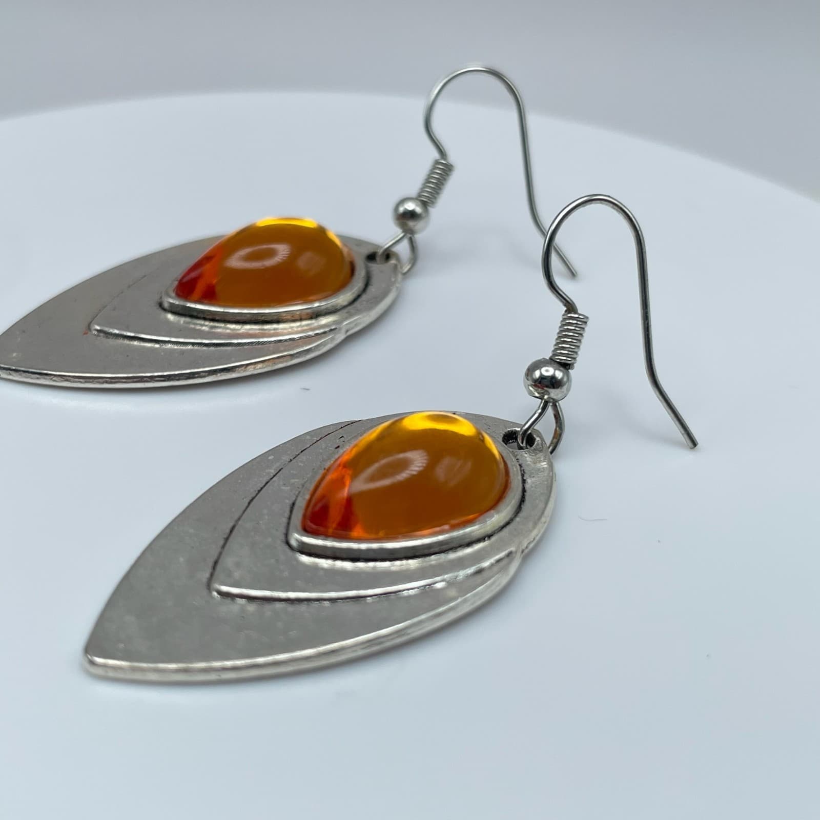 Vintage 90s Silver Tone Amber Teardrop Dangle Earrings Boho Fashion Jewelry - Thumbnail 8