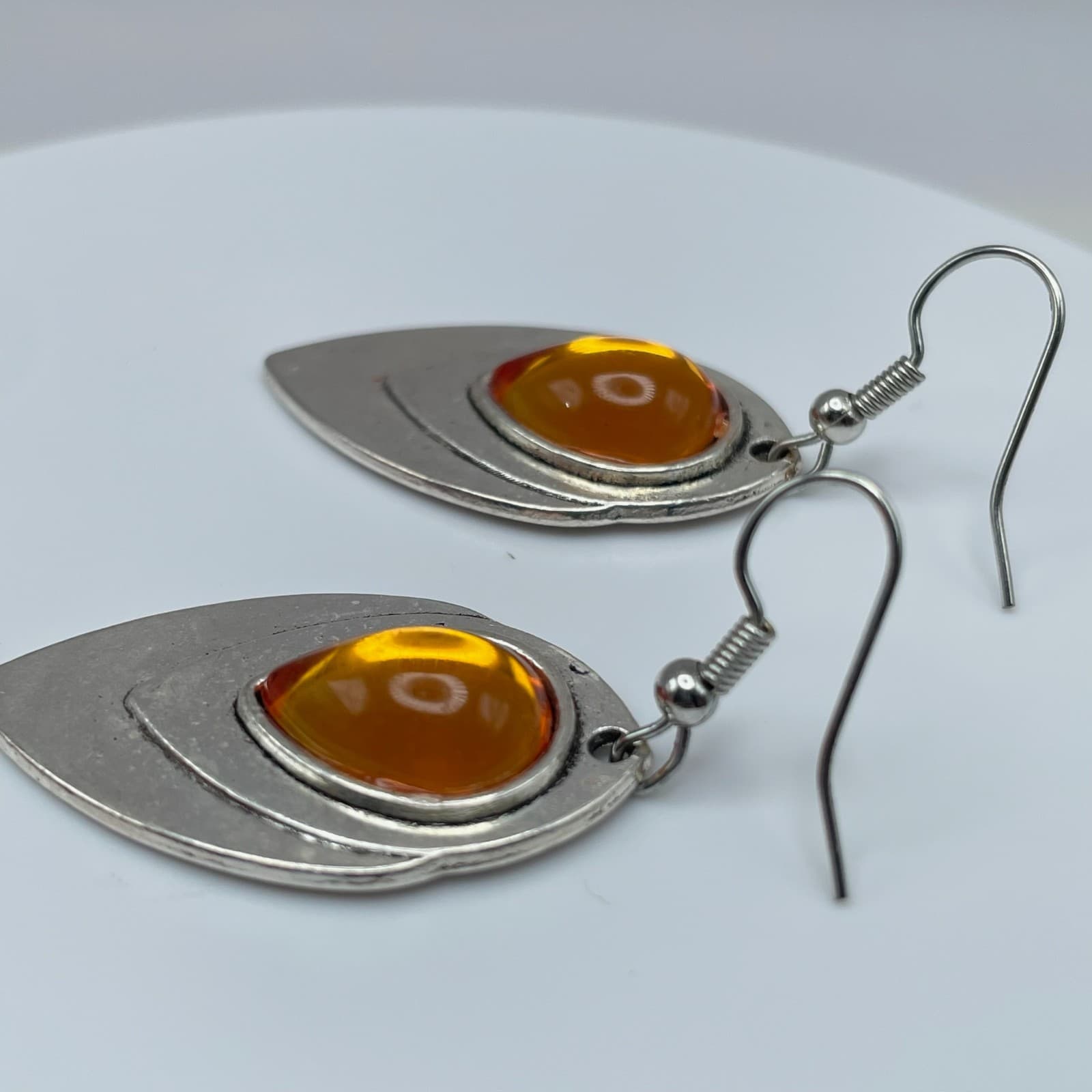 Vintage 90s Silver Tone Amber Teardrop Dangle Earrings Boho Fashion Jewelry - Thumbnail 9