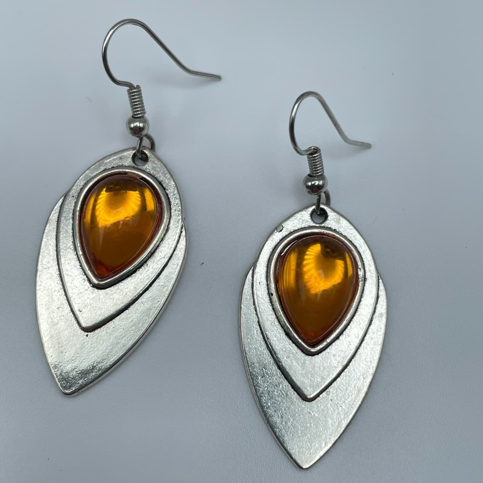Vintage 90s Silver Tone Amber Teardrop Dangle Earrings Boho Fashion Jewelry - Thumbnail 6