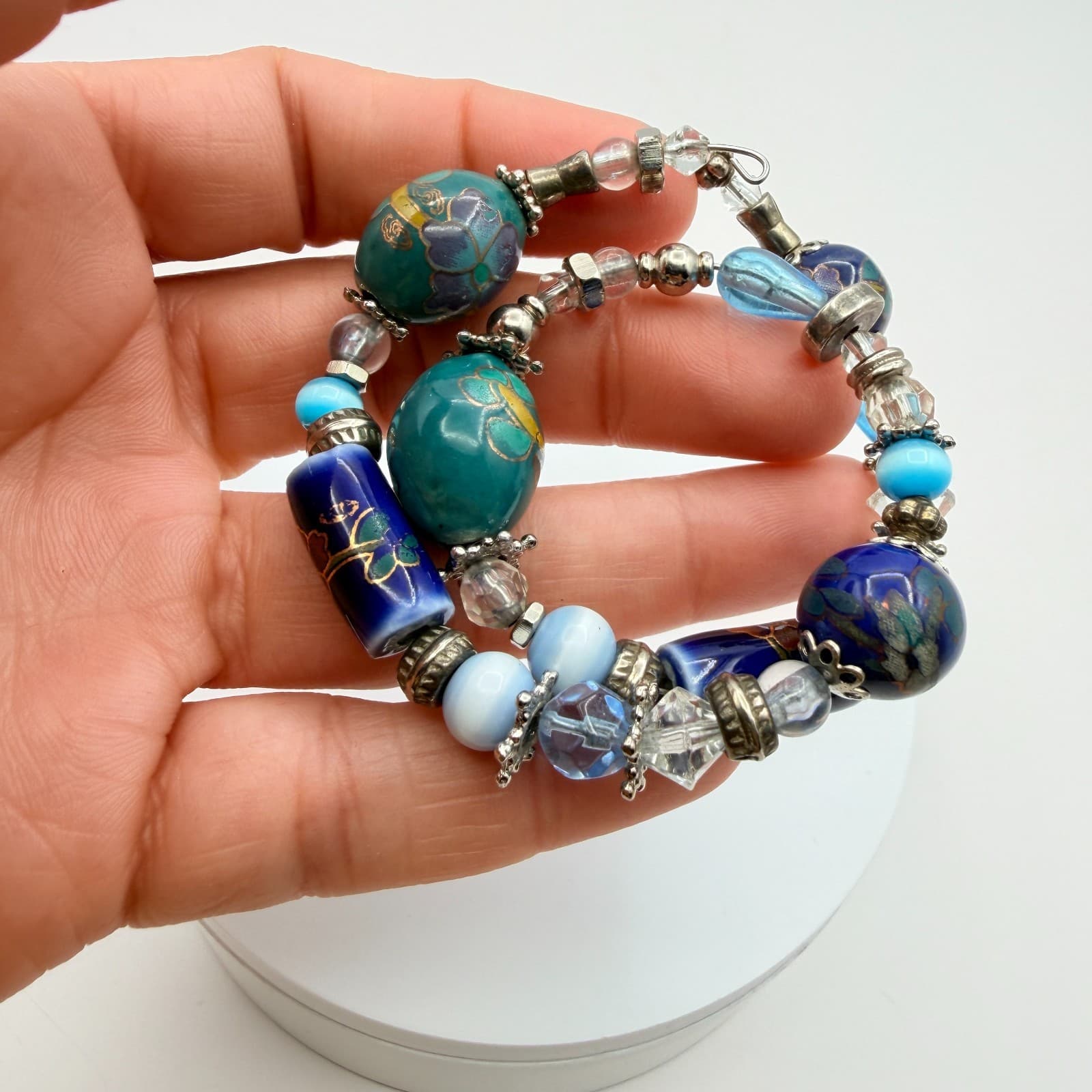Vintage Y2K Polycrome Floral Glass Bead Memory Wire Bracelet Silver Tone Jewelry - Thumbnail 7