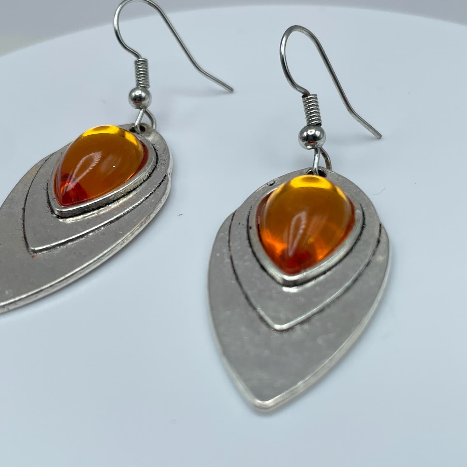 Vintage 90s Silver Tone Amber Teardrop Dangle Earrings Boho Fashion Jewelry - Thumbnail 7